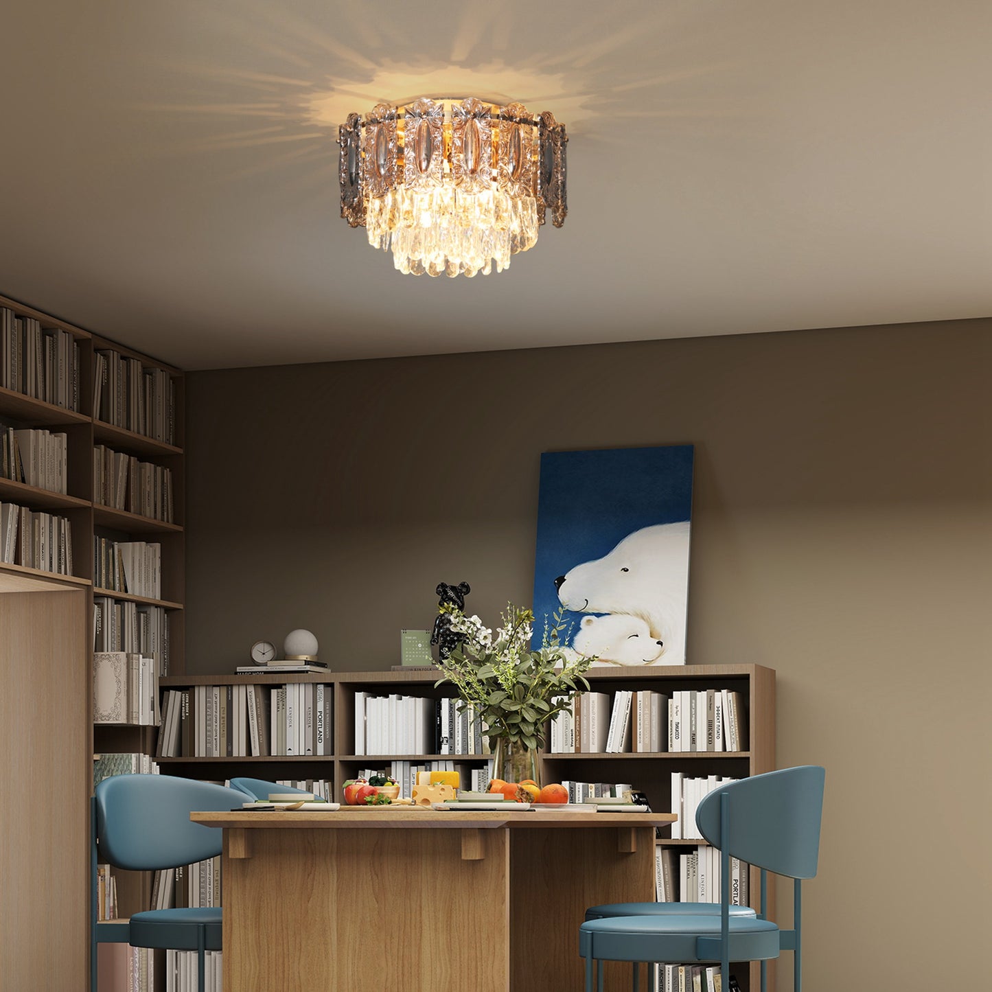HOMCOM Chandelier Ceiling Light 3 Light Flush Mount LED Fixture With Dual Crystal And Smoke Glass Shade Gold Tone