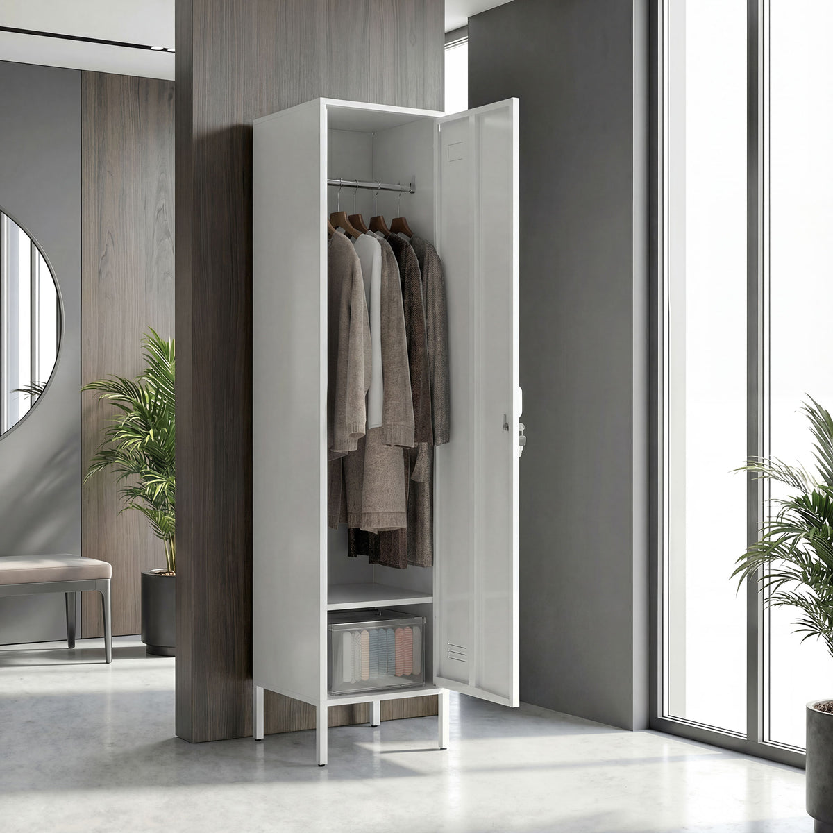 White metal locker cabinet with open door showing hanging rod and bottom shelf.