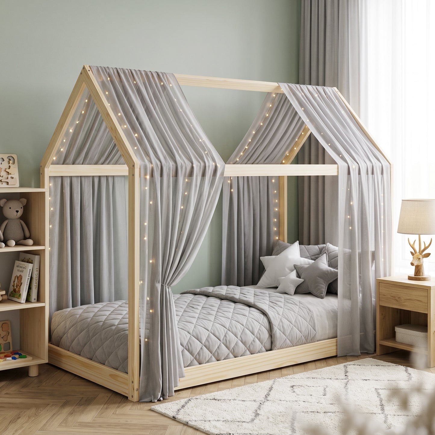 HOMCOM Single Bed Frame House Shaped Scandinavian Wooden Bed Frame for 90W x 190Dcm Mattress Pine Wood Natural Finish