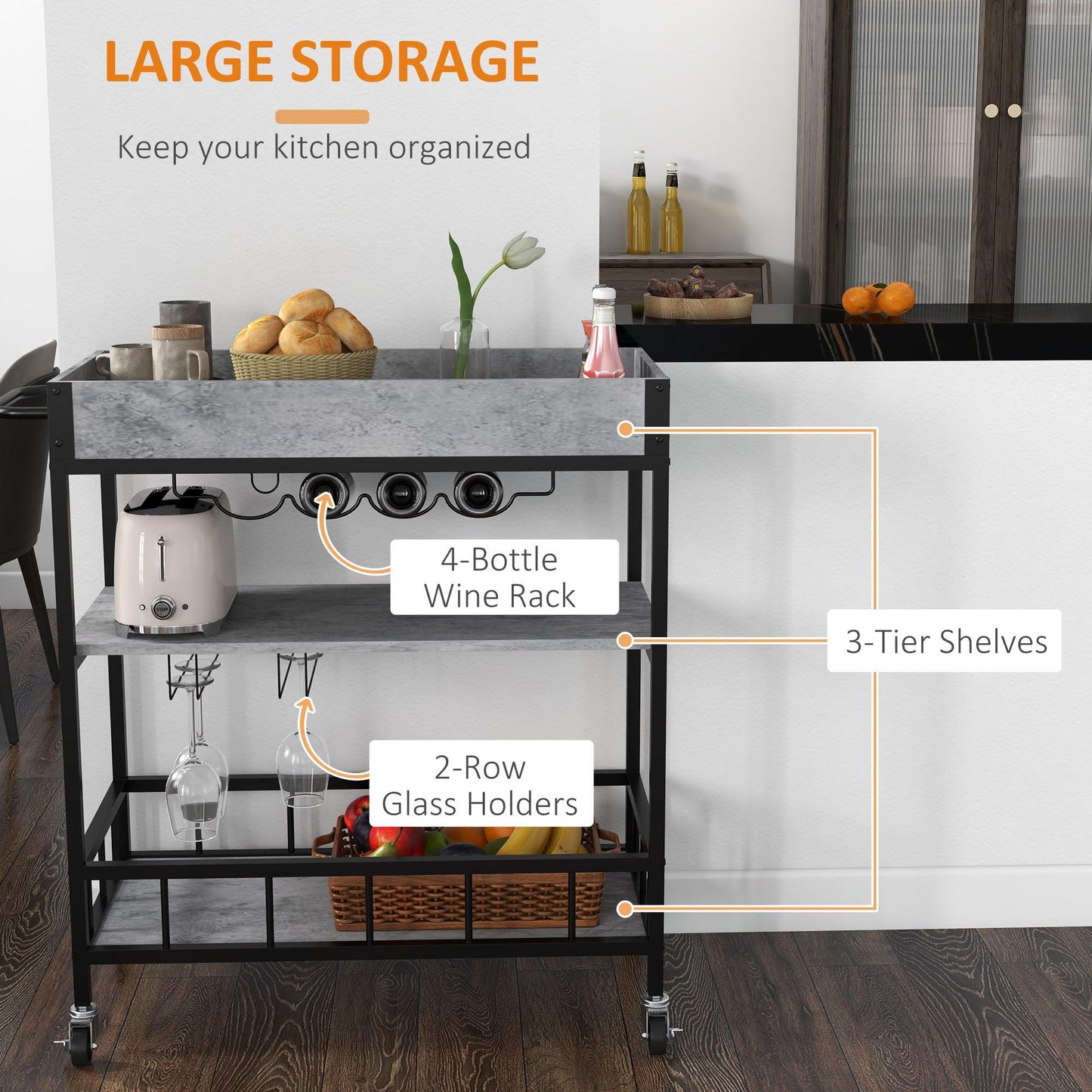 HOMCOM 3-Tier Kitchen Cart, Kitchen Island with Storage Shelves, Removable Tray, Wine Racks, Glass Holders, Faux Marbled Grey - ALL4U RETAILER LTD