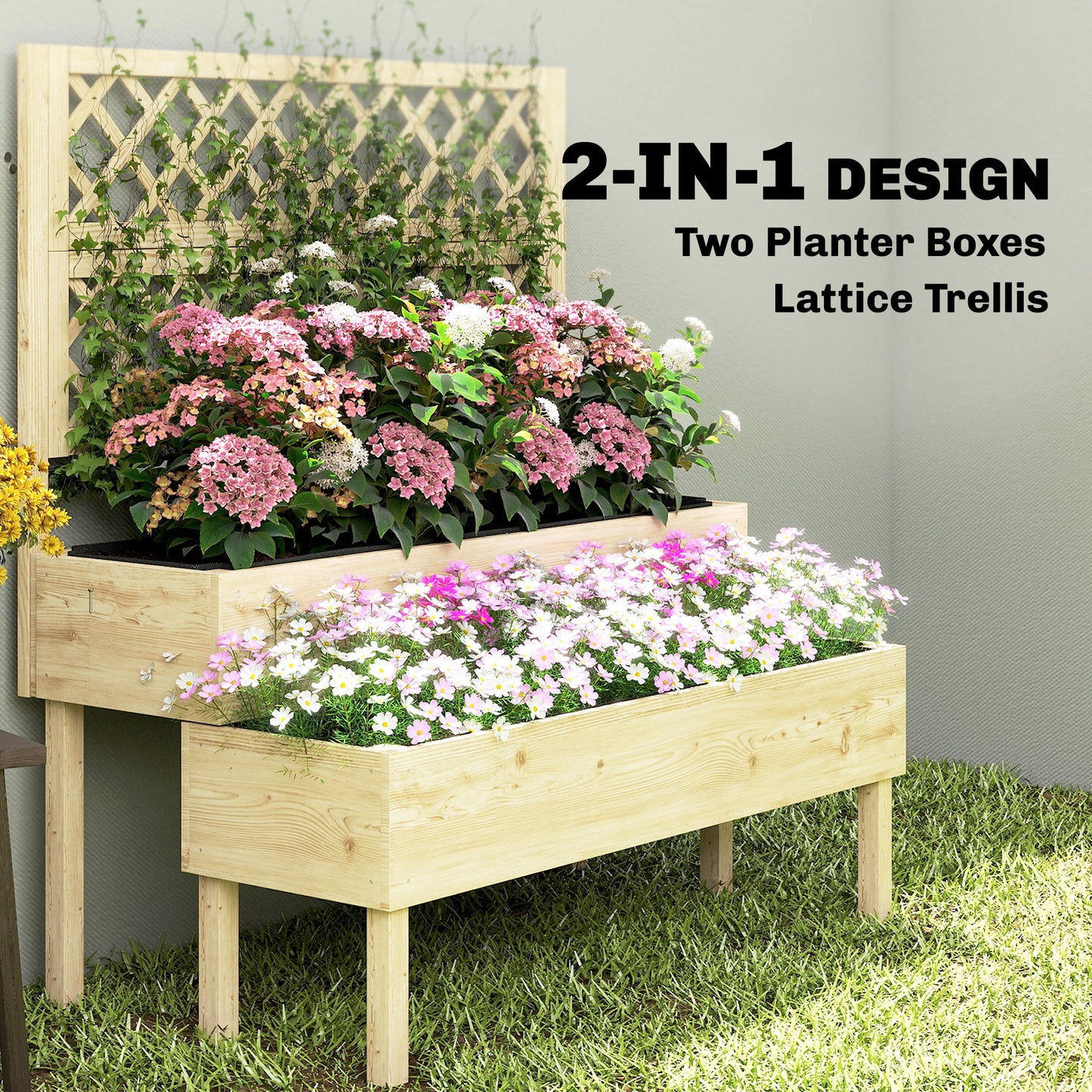 Outsunny Raised Garden Bed 2 Tier Stepped Design Planter Box With Trellis For Climbing Plants 108x62x120 Cm