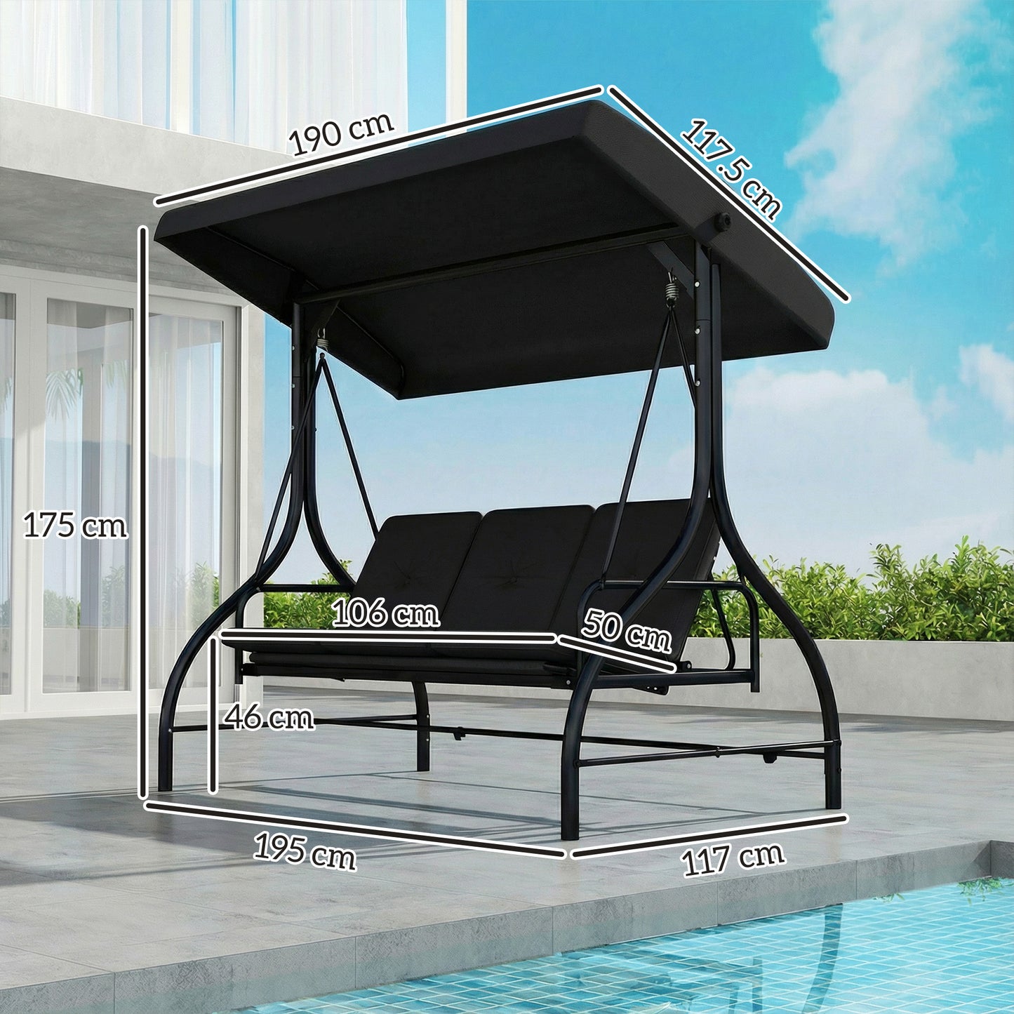 Outsunny 3 Seater Canopy Swing Chair With Adjustable Canopy And Metal Frame Black 2 In 1 Garden Swing Seat Bed
