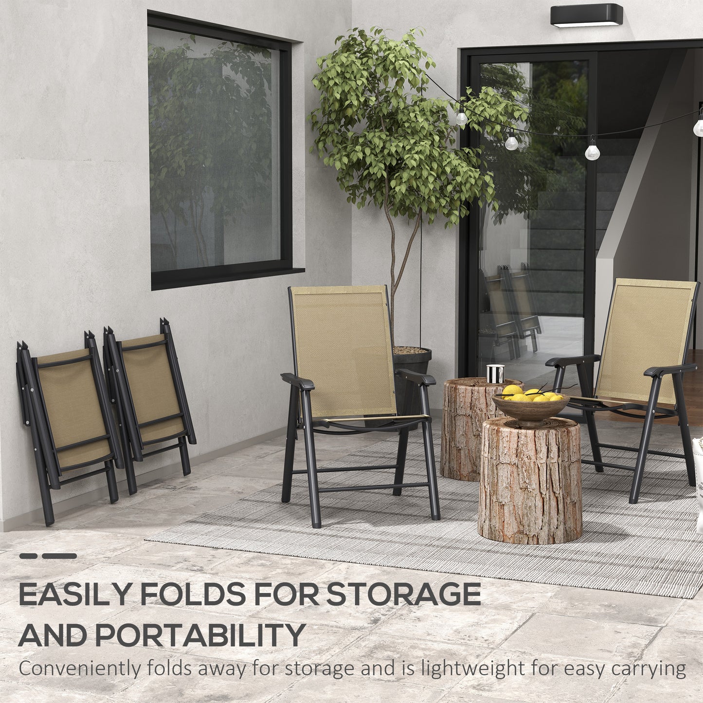 Outsunny Set of Four Folding Garden Chairs Light Brown with Breathable Textilene Panels and Powder Coated Metal Frames