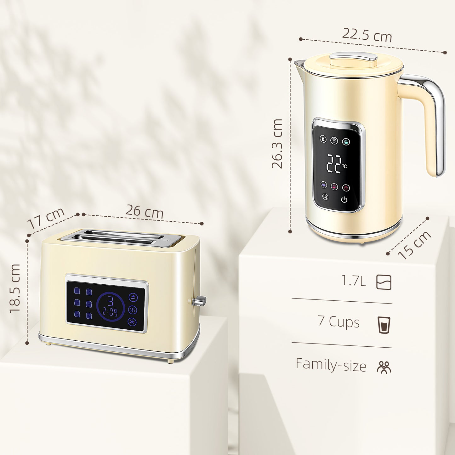 HOMCOM Touch Screen Kettle And Toaster Set Cream With 3000W Power 1.7L Capacity Six Temperature Presets And Keep Warm
