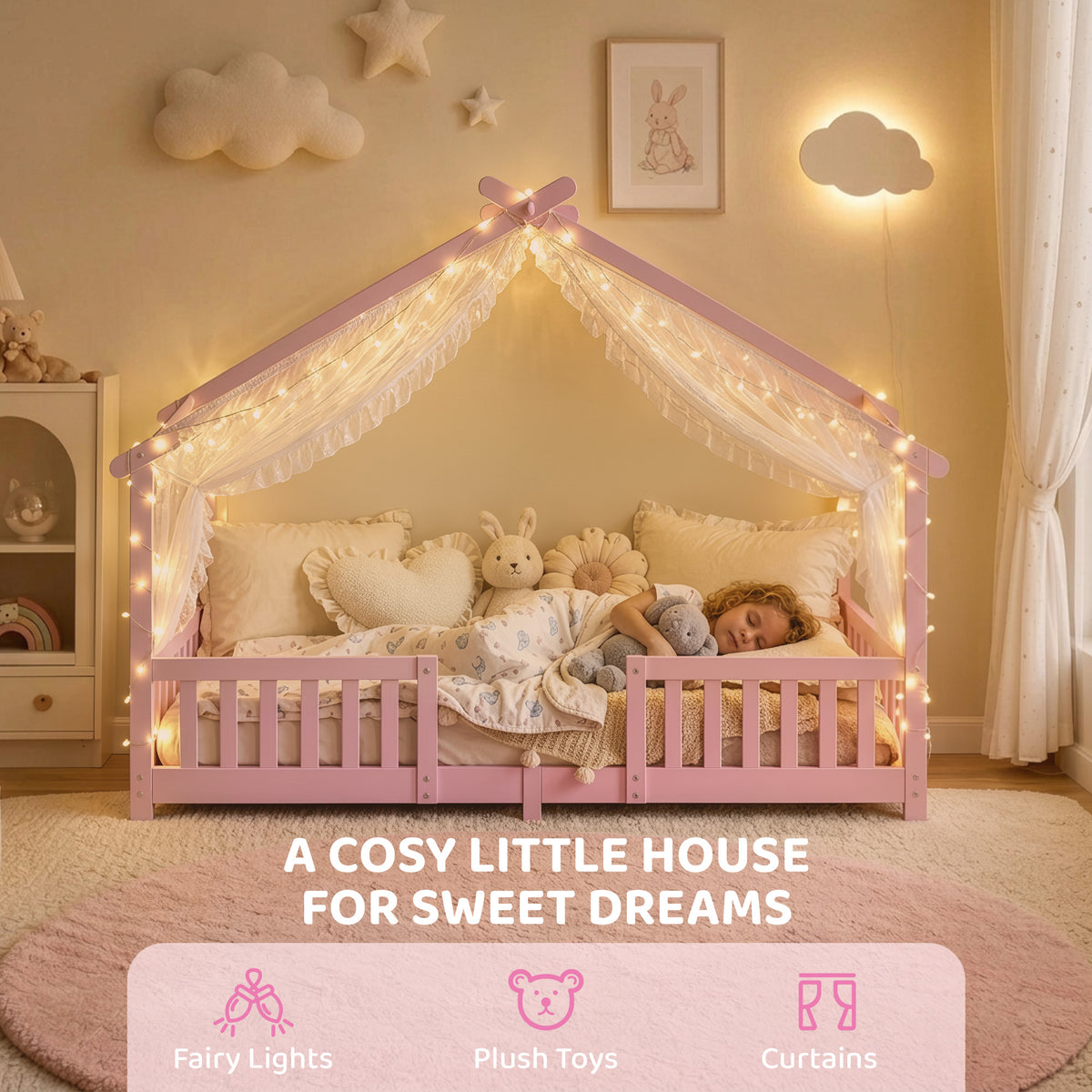 AIYAPLAY Pink Solid Pine House Bed Frame for Kids with Dual Guardrails