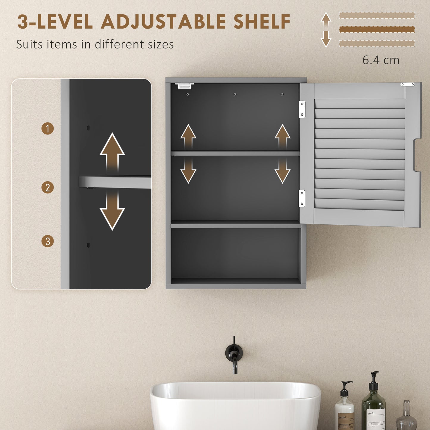 HOMCOM Wall Mounted Bathroom Cabinet Grey With Adjustable Shelves 40 x 20 x 60 cm