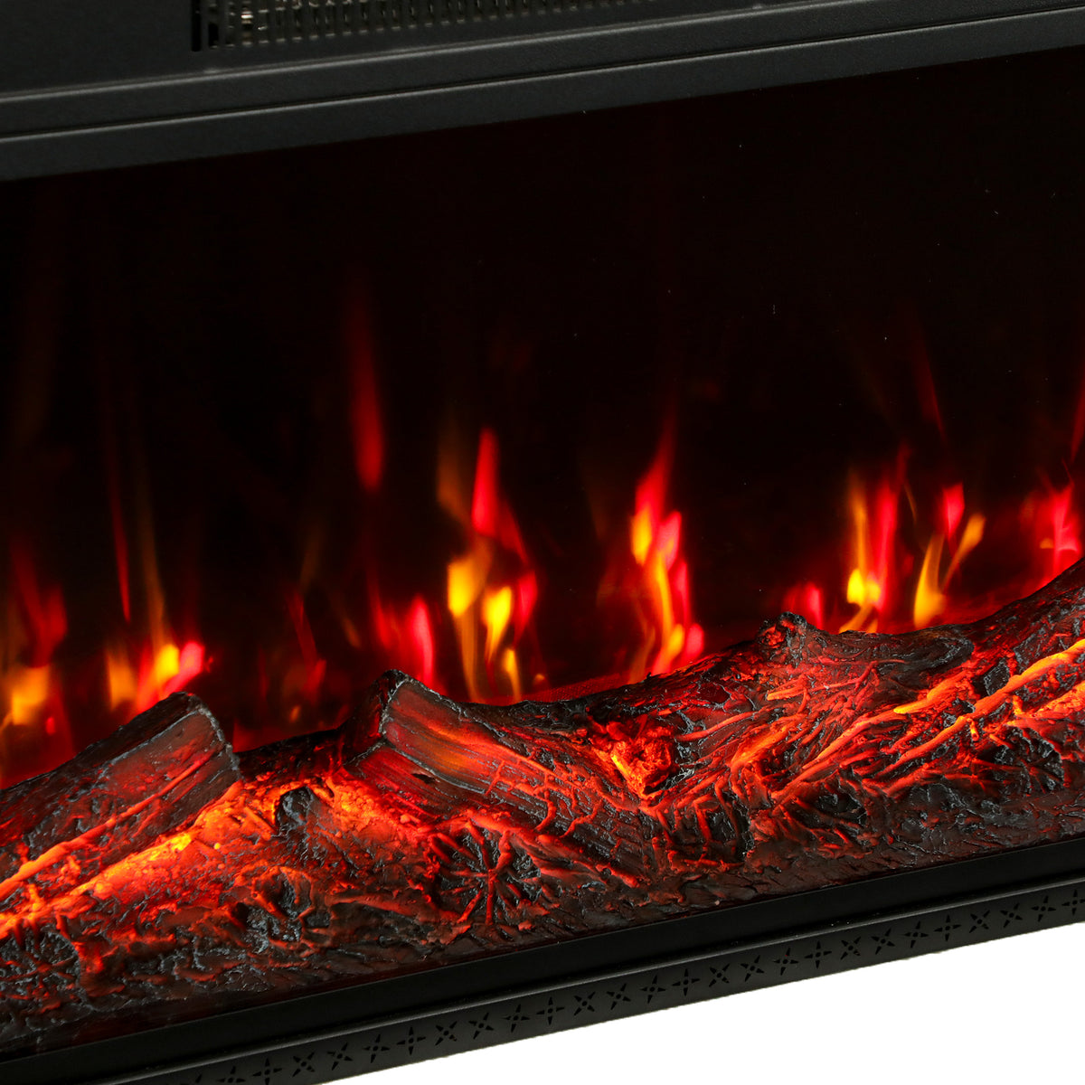 Panoramic electric fireplace flame and glowing log bed detail with red-orange flames