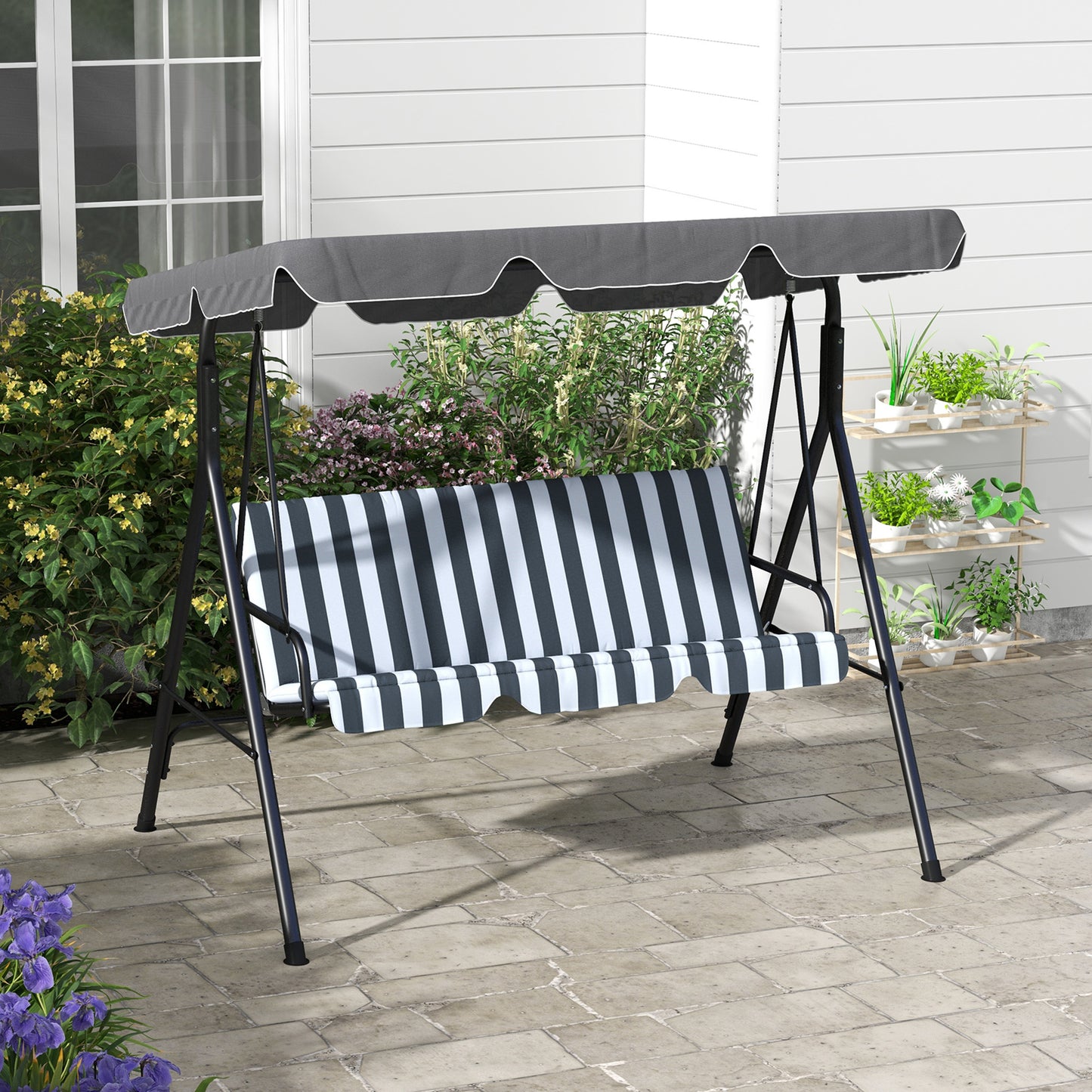 Outsunny 3 Seater Garden Swing Chair With Adjustable Canopy Metal Frame And Cushions In Grey