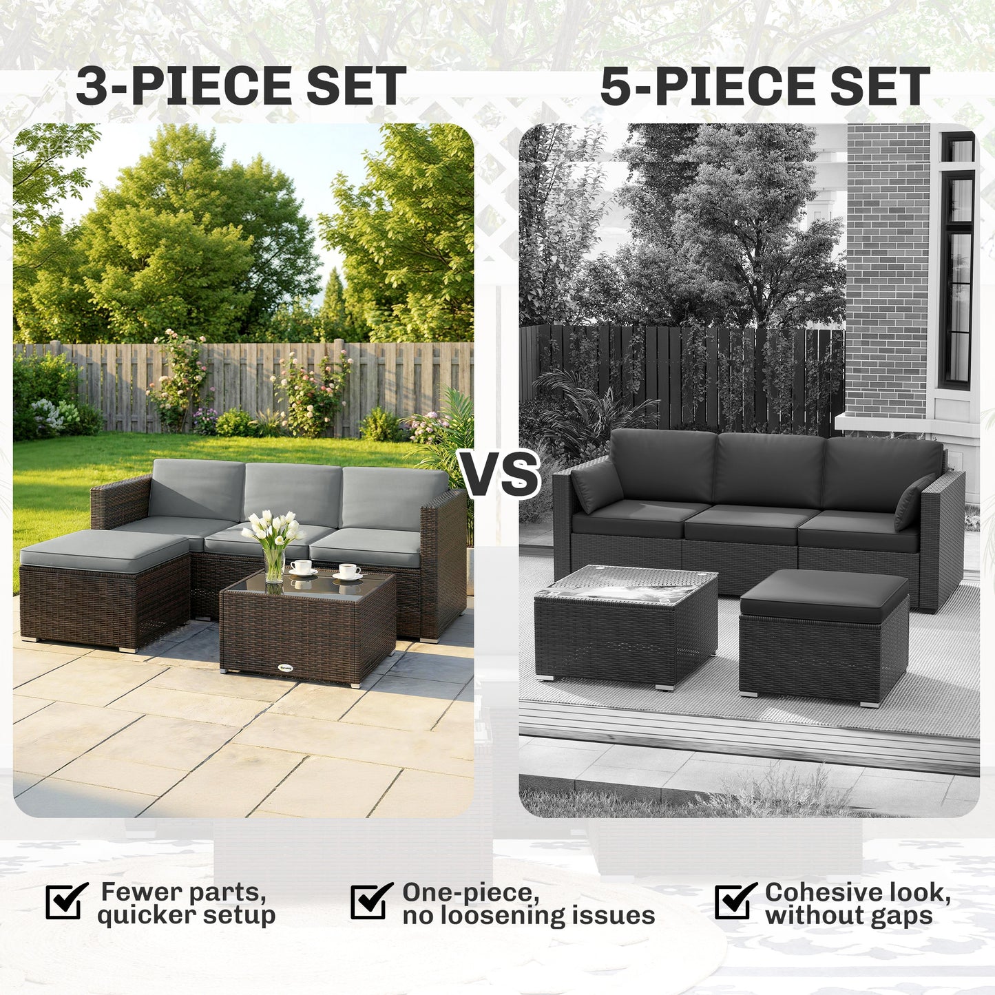 Outsunny 3 Pieces Garden Furniture Set With Cushions PE Rattan Wicker Conversation Corner Sofa Set Light Grey