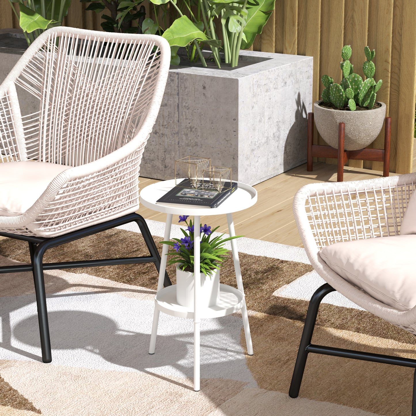 Outsunny White Two Tier Metal Garden Table For Indoor And Outdoor Use Weather Resistant Round Bistro