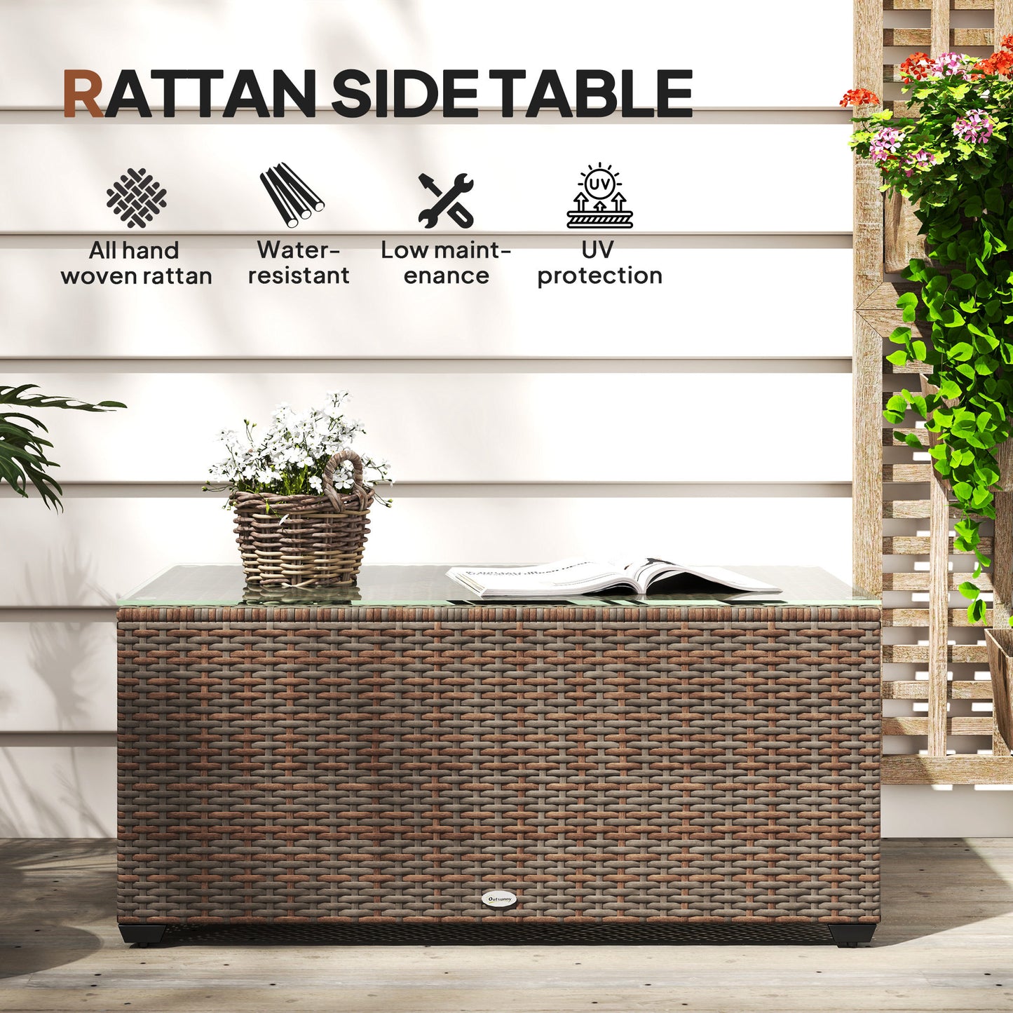 Outsunny 90 By 50 Cm Tempered Glass Top Rattan Side Table Brown Garden Outdoor Patio Furniture