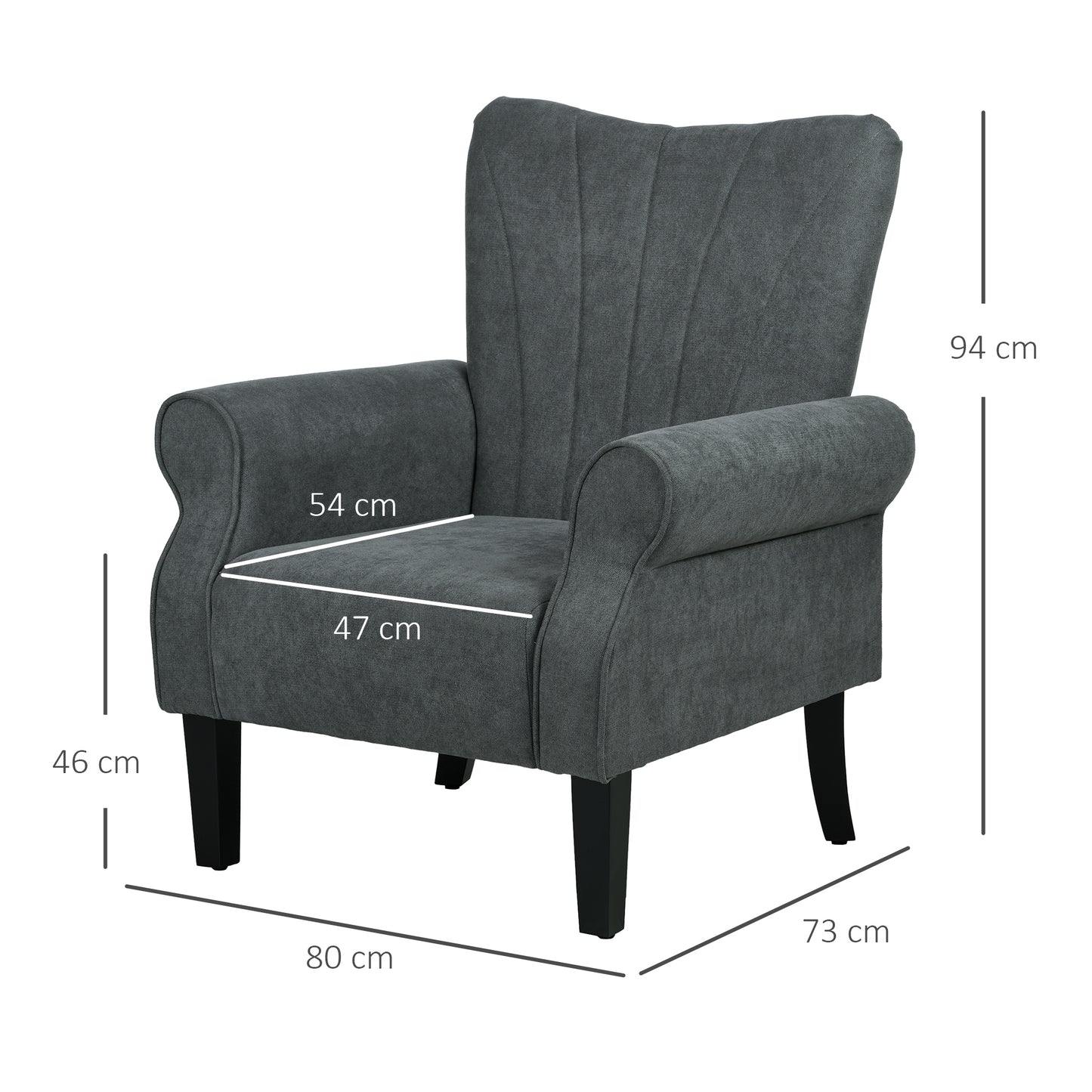 HOMCOM Upholstered Accent Chair High Back Rolled Arms Wood Legs Soft Thick Padded Armchair Grey - ALL4U RETAILER LTD