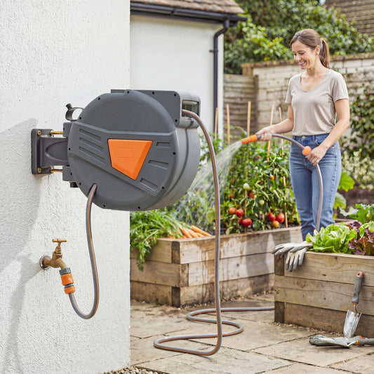 Outsunny Retractable Hose Reel Wall Mounted 15m 1.6m Garden Hose Pipe Reel With Auto Retraction Self Locking Orange