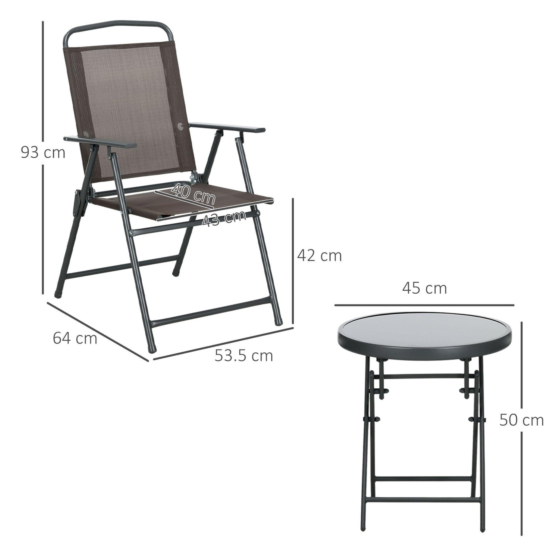 Outsunny 3 Pcs Garden Table and Chairs, Outdoor Bistro Set, Patio Conversation Furniture Set w/ Foldable Armchairs & Glass Top Coffee Table, Brown - ALL4U RETAILER LTD