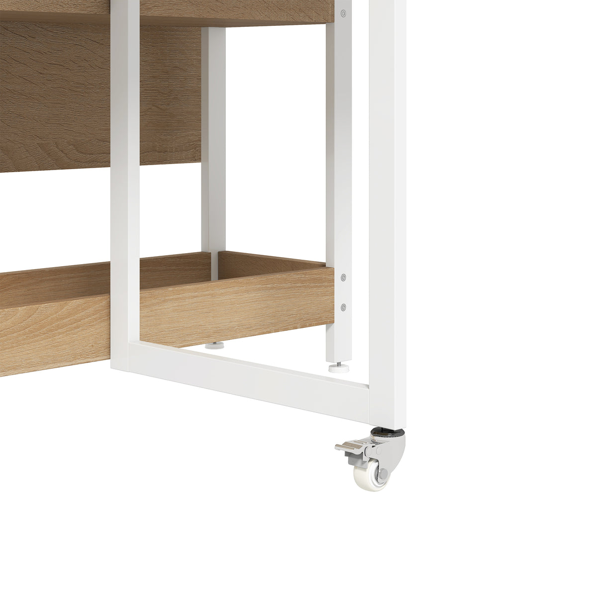 Underside of light wood drop-leaf table with white metal frame and caster wheels