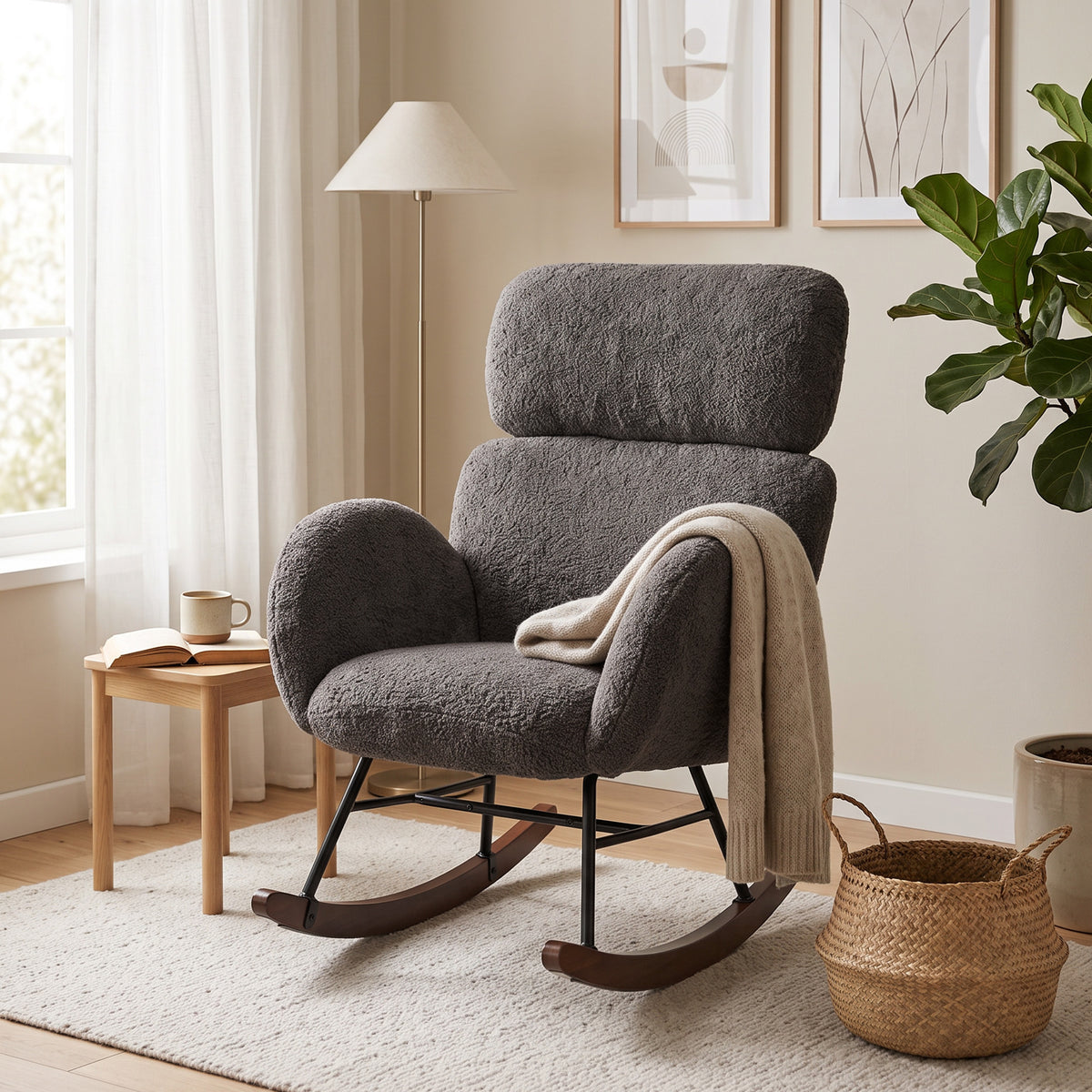 HOMCOM Dark Grey Velvet Rocking Chair With Adjustable Headrest Rubberwood Base