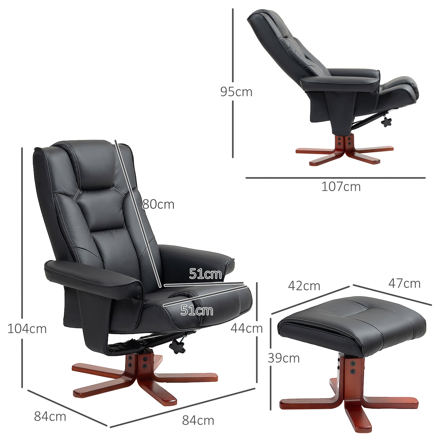 HOMCOM Black Faux Leather Reclining Armchair with Footstool - Manual Adjustments - ALL4U RETAILER LTD