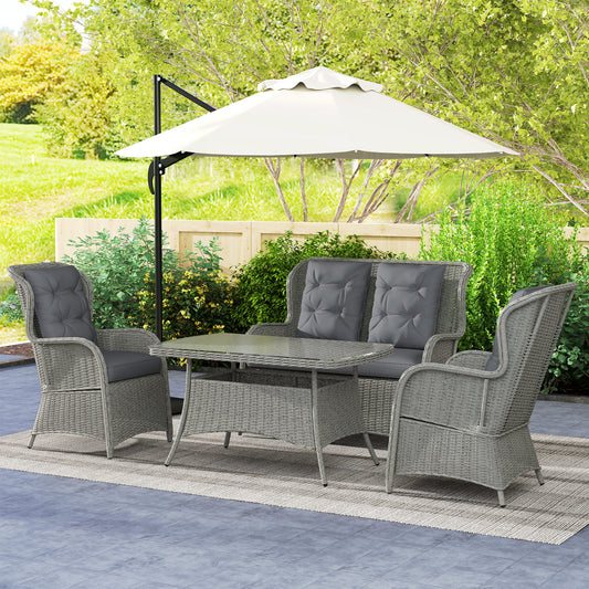 Outsunny 4 Seater PE Rattan Garden Sofa Set With High Back Cushioned Chairs And Tempered Glass Coffee Table Light Grey
