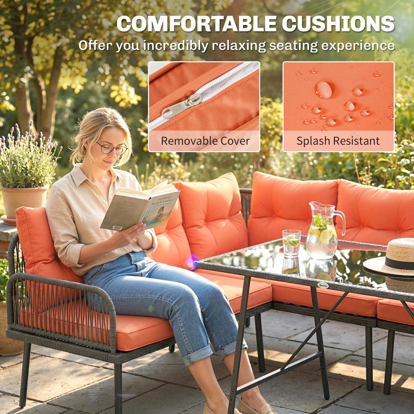 Outsunny 6 Piece Rattan Garden Furniture Set 8 Seater With Corner Sofa Cushions And Glass Top Table Orange