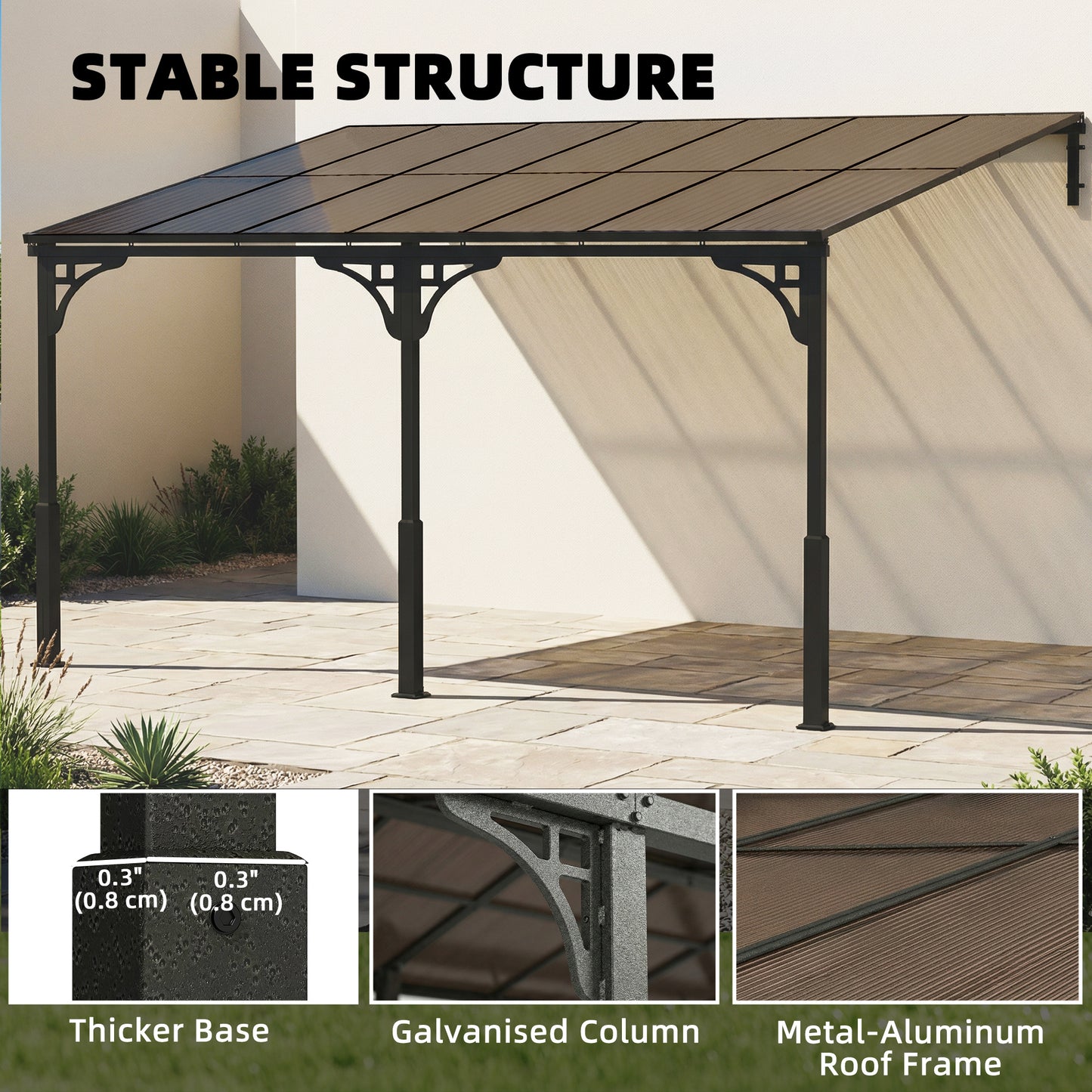 Outsunny 4 x 3 m Wall Mounted Lean To Pergola with Polycarbonate Roof and Aluminium Frame Brown Outdoor Patio Gazebo