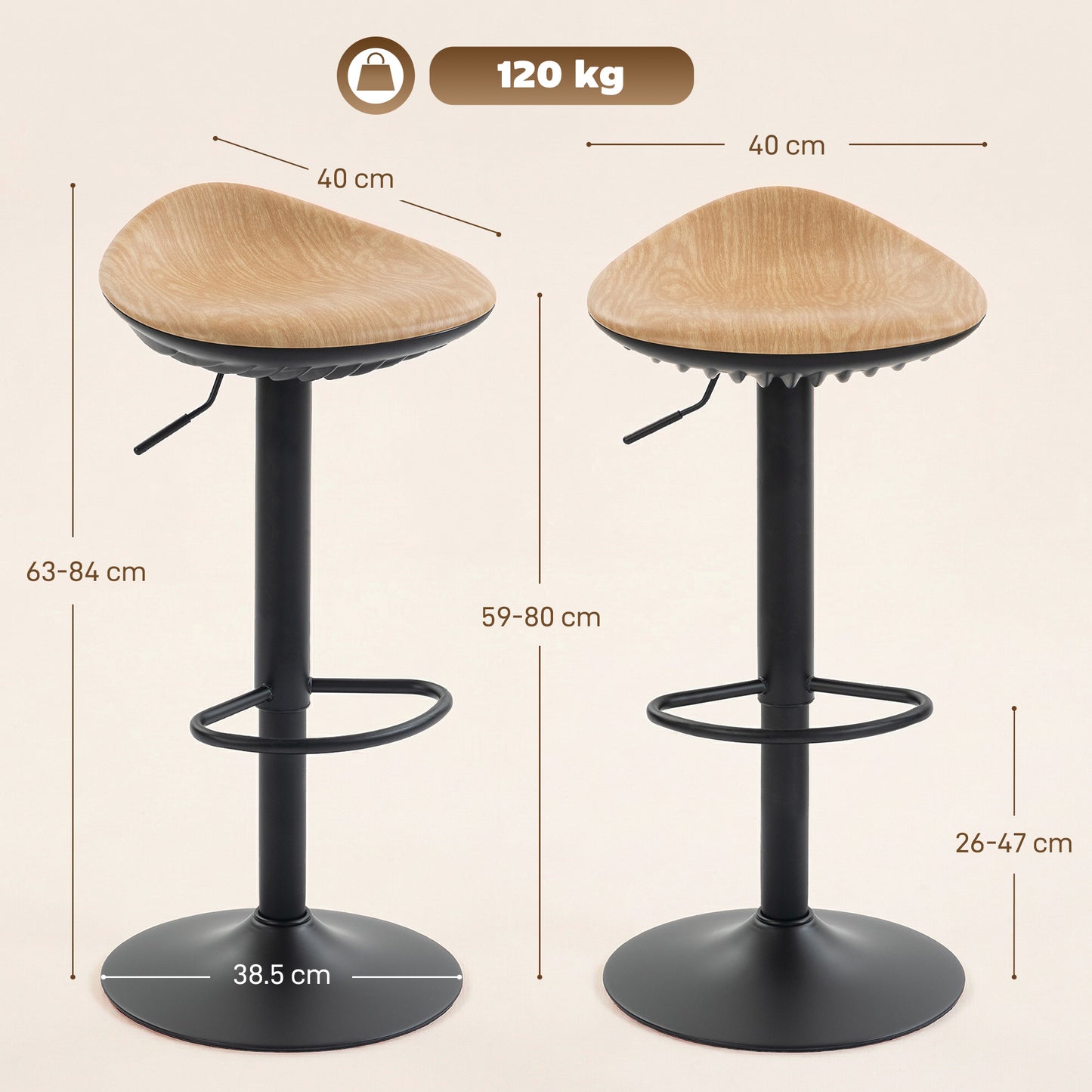 HOMCOM Set Of 2 Bar Stools PU Leather Saddle Seat Height Adjustable Swivel Kitchen Chairs With Footrest Oak