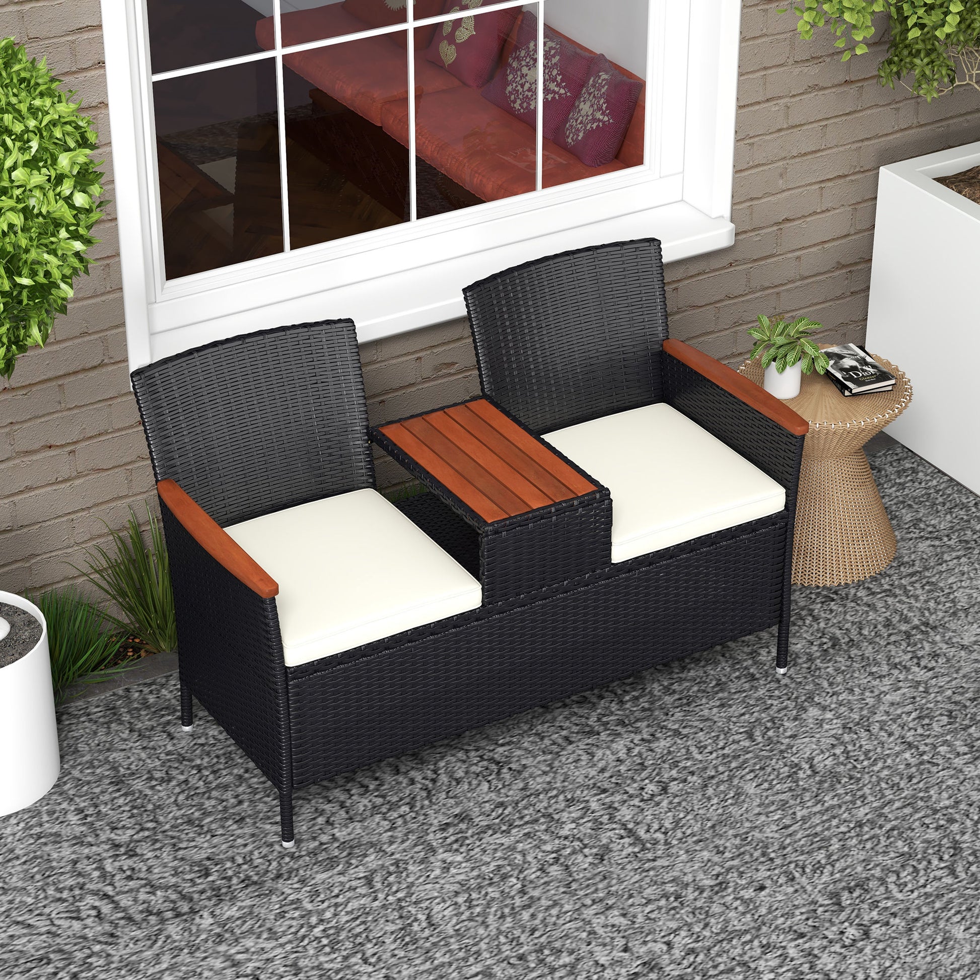 Outsunny Black Rattan Loveseat with Wooden Middle Table for Two - ALL4U RETAILER LTD