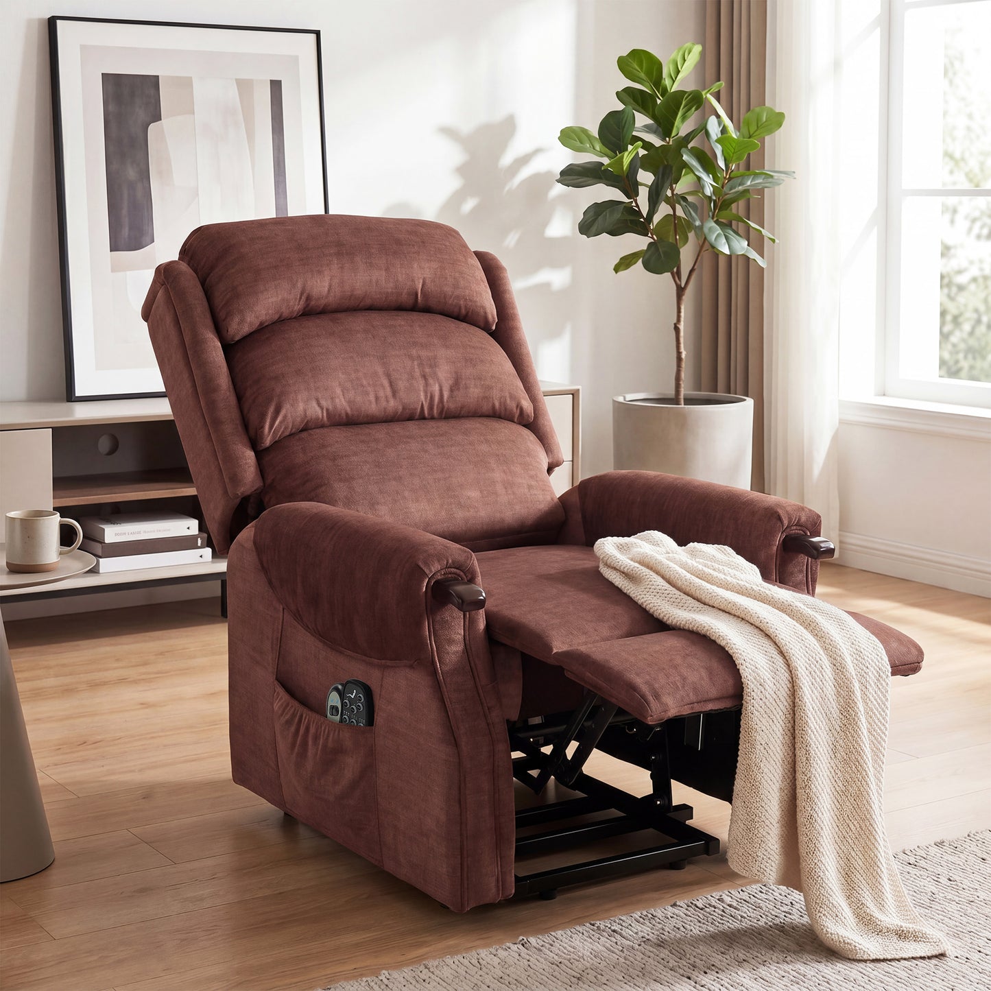 HOMCOM Power Lift Recliner With Vibration Massage And Heat For Tall Users Wood Armrest Pocket Springs Brown