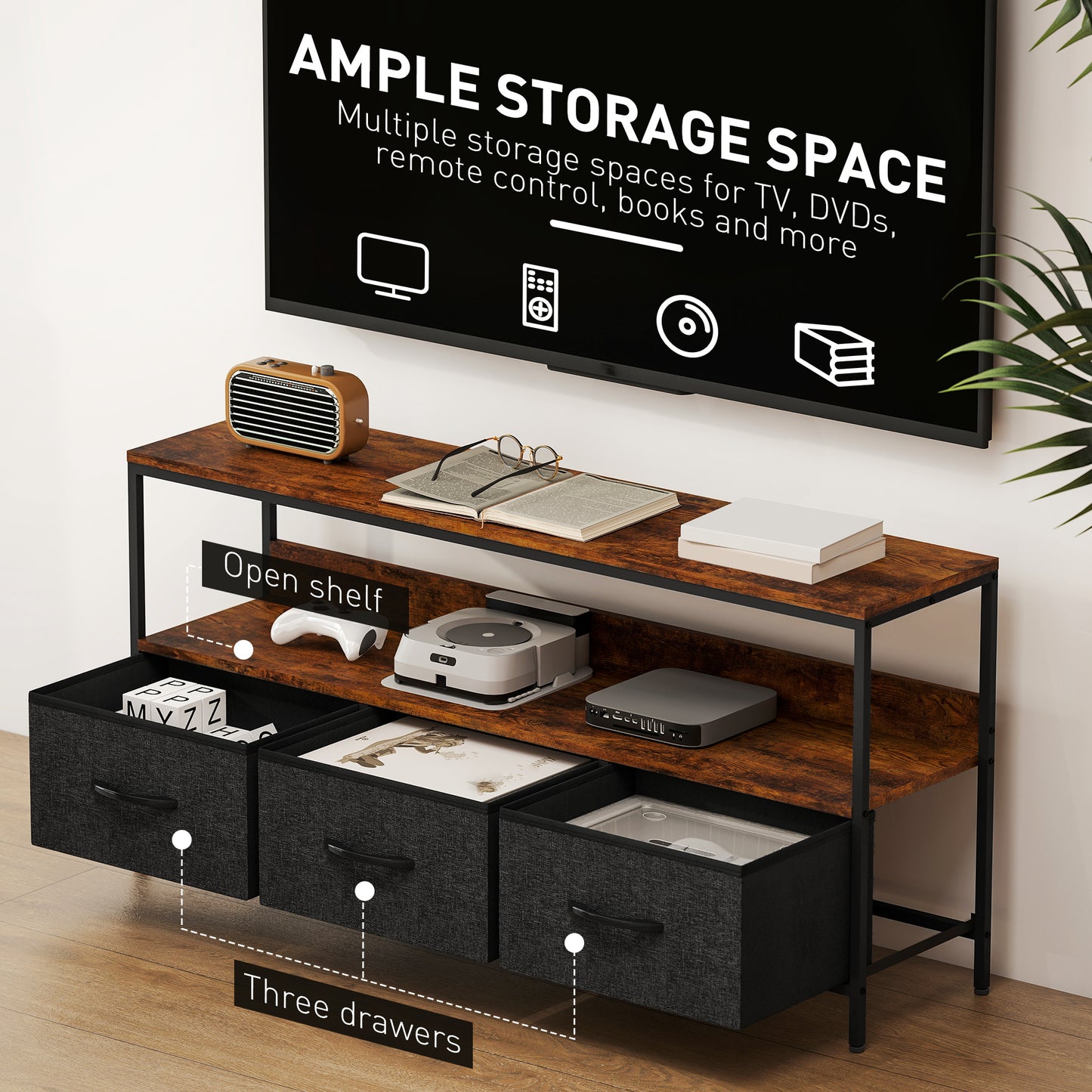 HOMCOM TV Stand Cabinet With 3 Foldable Drawers In Rustic Brown For 55 Inch TV Dual Color Modern Centerpiece