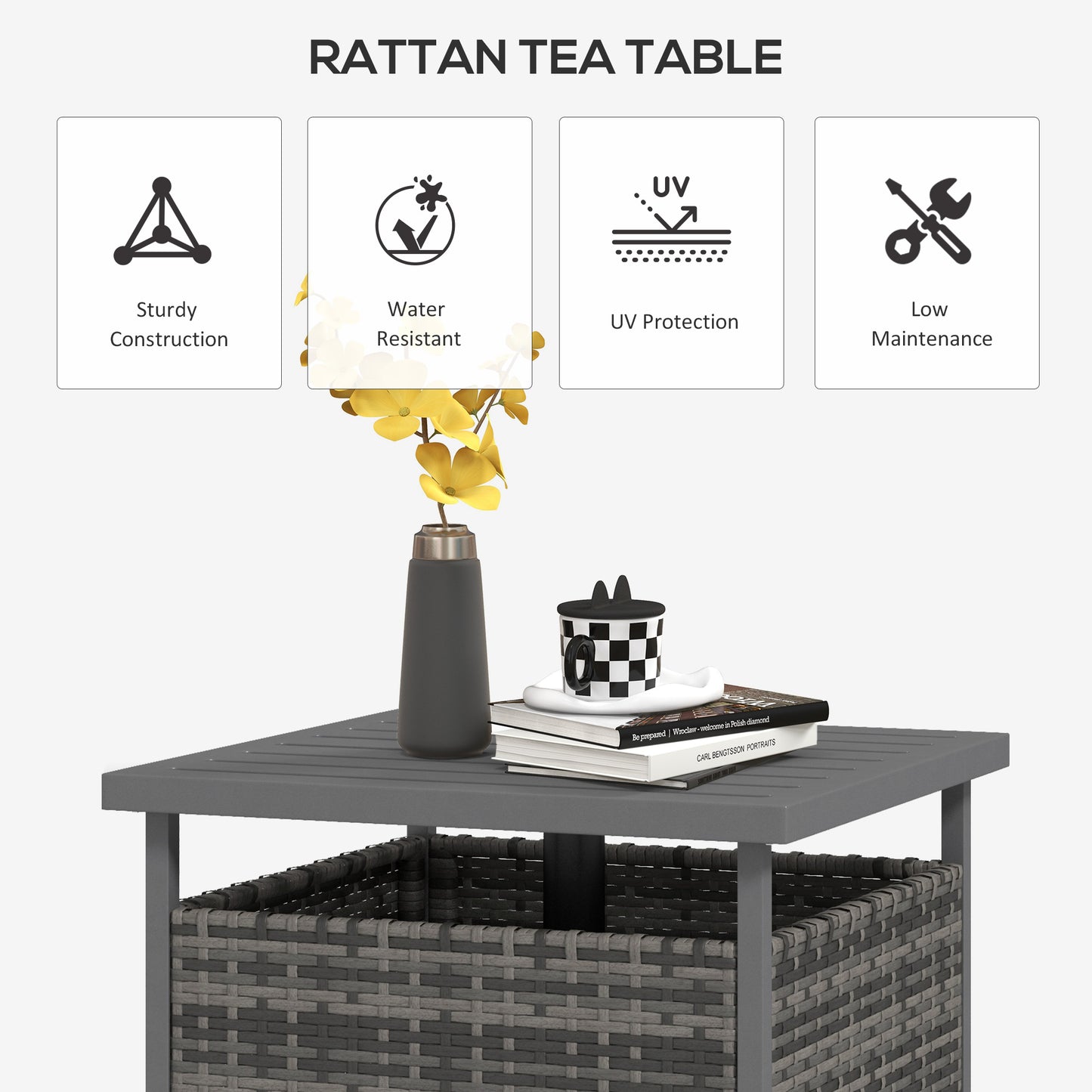 Outsunny Outdoor Rattan Wicker Coffee Table With Umbrella Hole And Under Table Storage For Garden Patio
