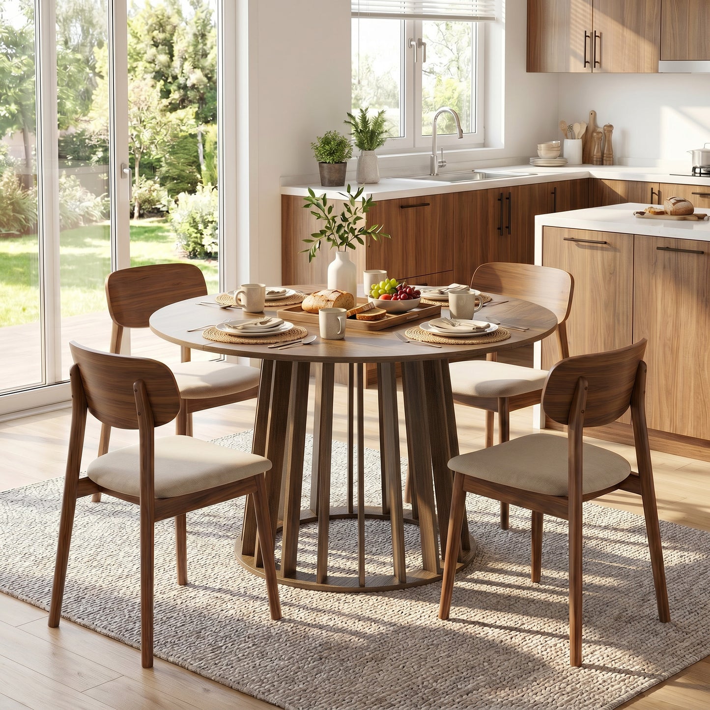 HOMCOM Round Dining Table 120 Cm for 4 To 6 People with Slatted Base Light Walnut Kitchen Table