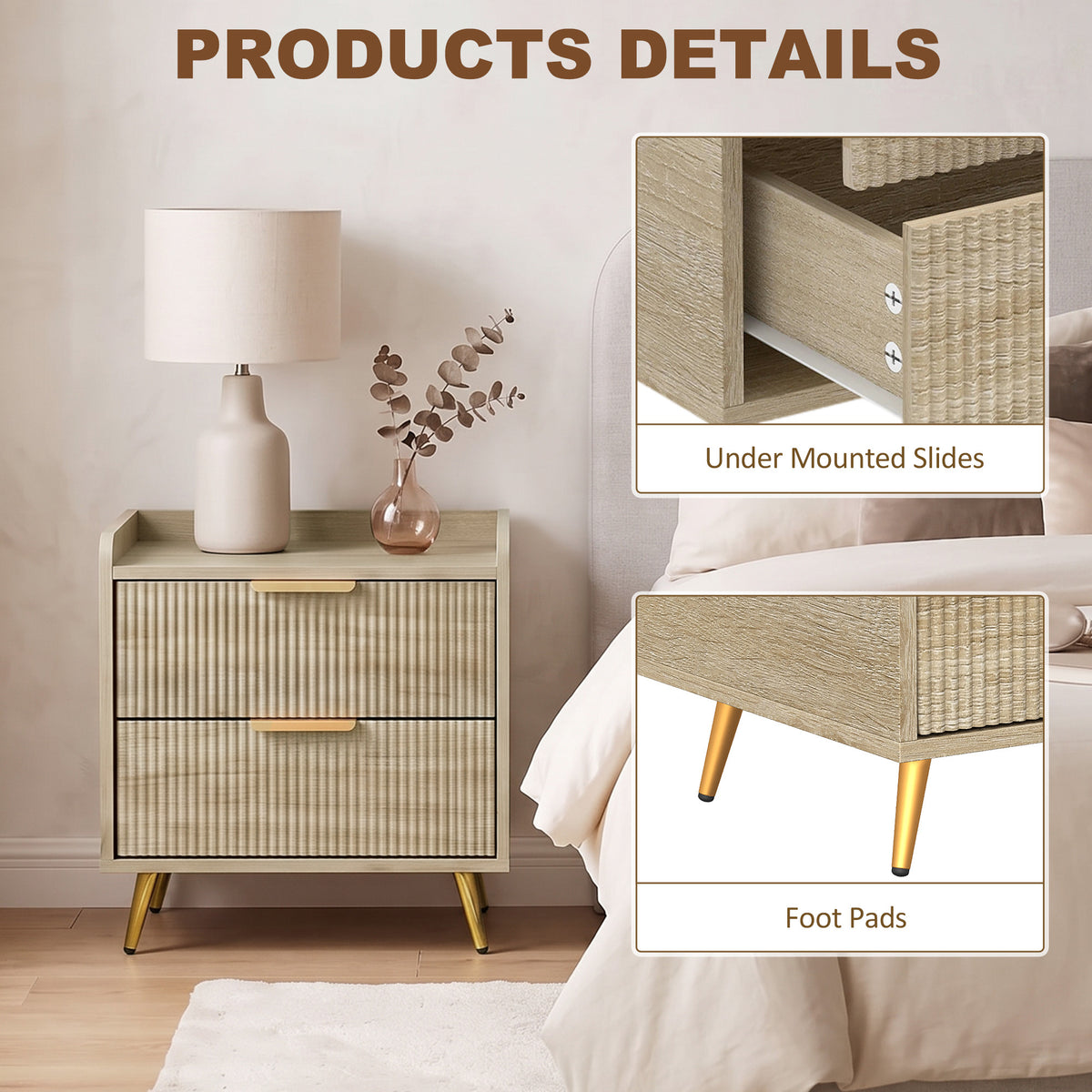 HOMCOM Bedside Table With Two Drawers Metal Legs Natural Wood Finish