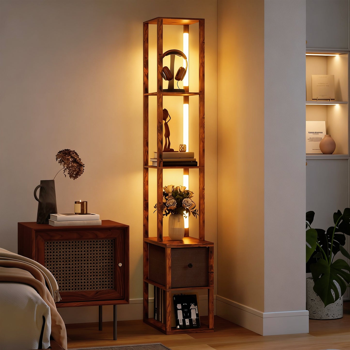HOMCOM Floor Lamp With Shelves LED Column Standing Fabric Drawer Adjustable Brightness Foot Switch Rustic Brown