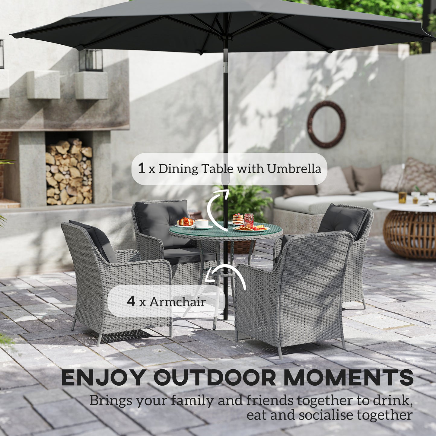 Outsunny 4 Seater Rattan Outdoor Dining Set With Round Table Parasol And Cushions Light Grey
