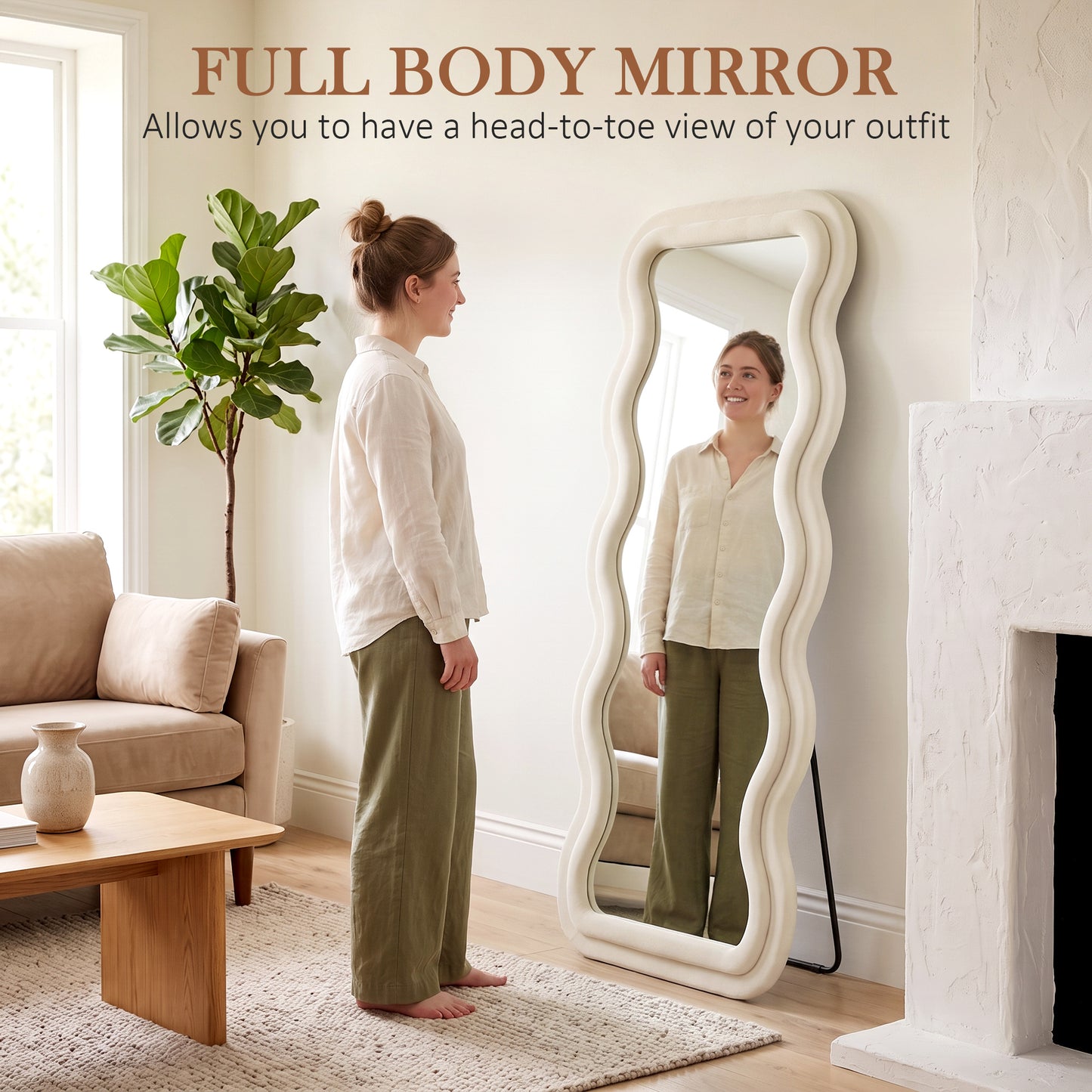 HOMCOM Full Length Mirror 160 x 60 cm Wavy Velvet Frame Wall Standing Mirror With Tempered Glass Cream White