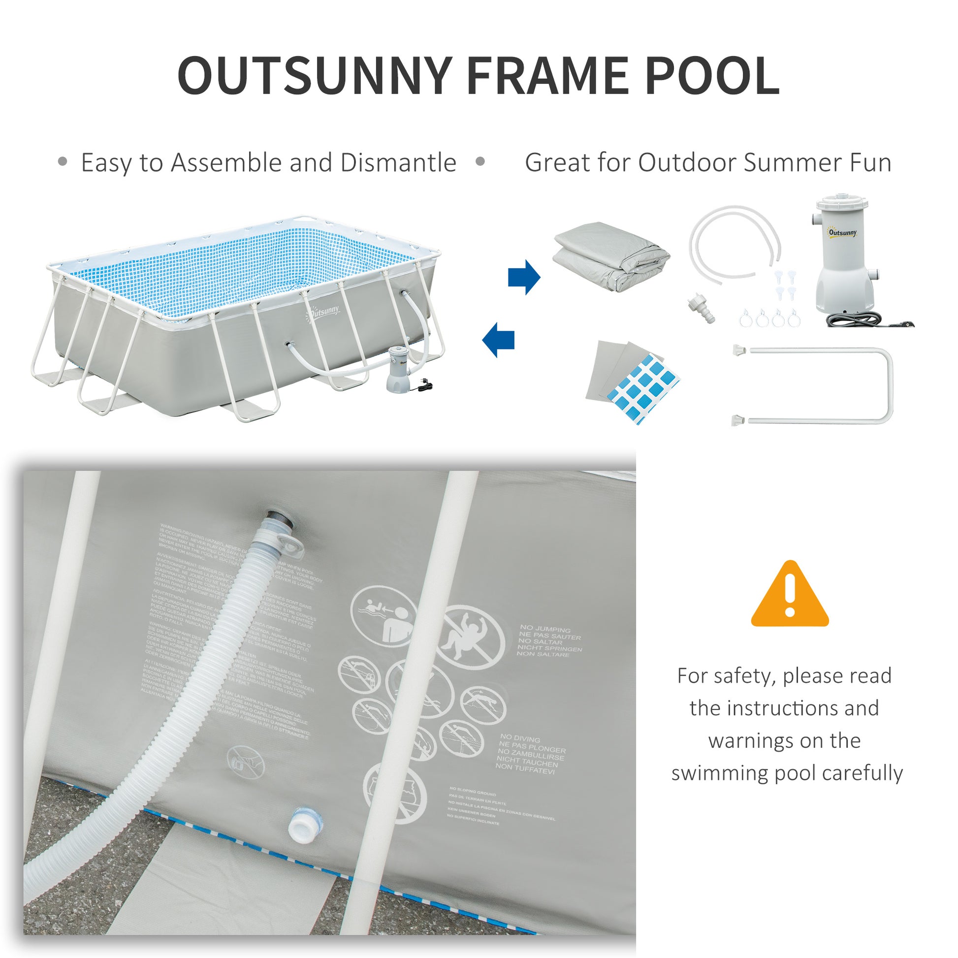 Outsunny Light Grey Rectangular Above Ground Swimming Pool with Filter Pump, 340 x 215 x 80 cm - ALL4U RETAILER LTD