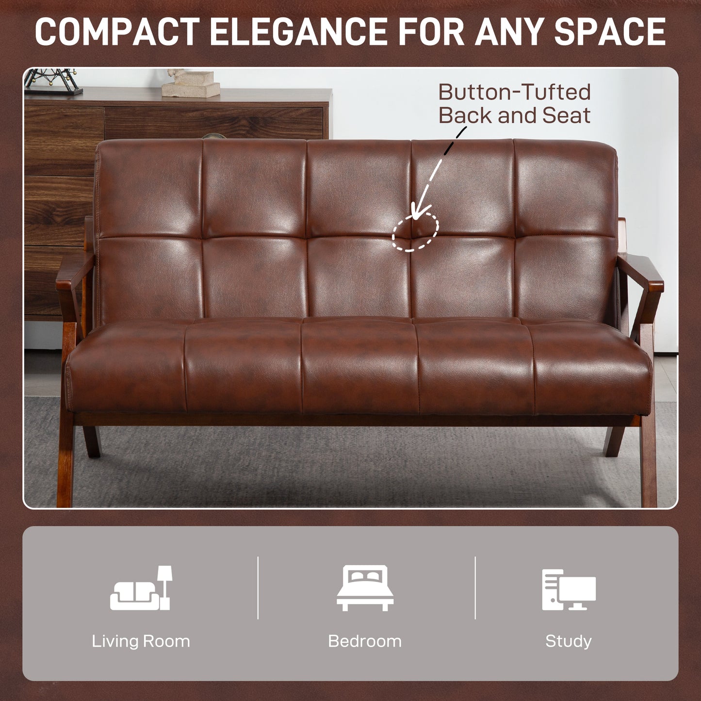 HOMCOM Compact 2 Seater Sofa Vintage Tufted Loveseat With Solid Wood Legs PU Leather Small Couch Settee Living Room