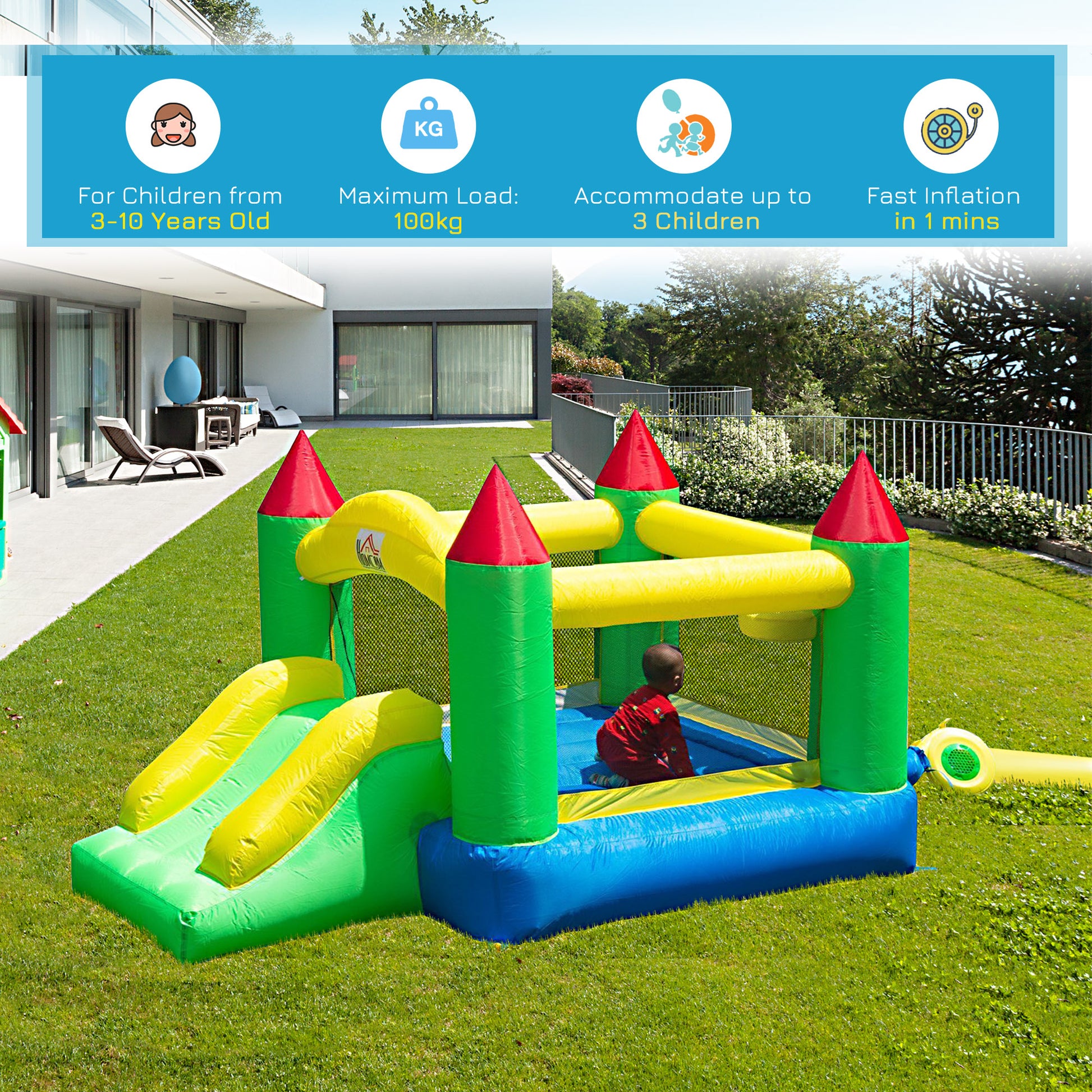 Outsunny Kids Inflatable Bouncing Castle with Blower for Indoor and Outdoor Fun - ALL4U RETAILER LTD