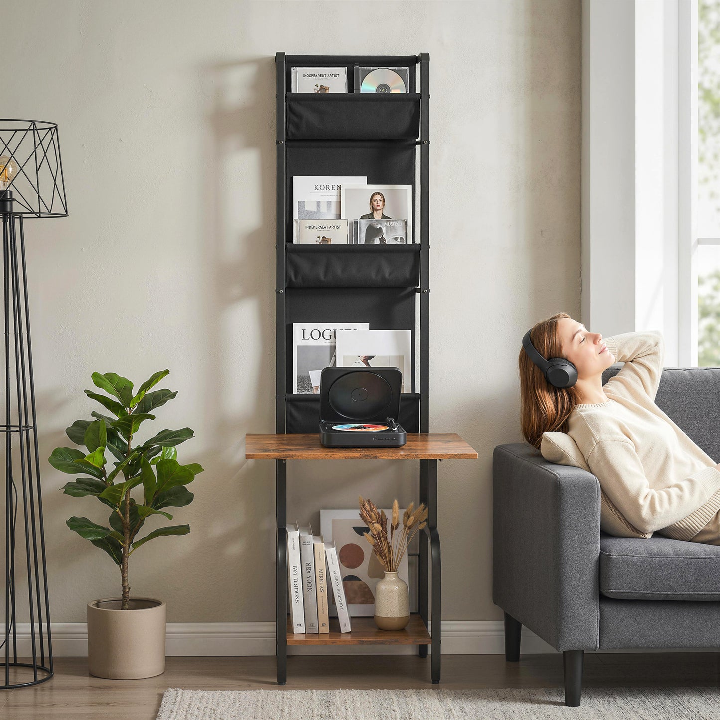 HOMCOM Vertical Vinyl Record Player Stand With Oxford Fabric Pockets Storage And Bottom Shelf Rustic Brown And Black