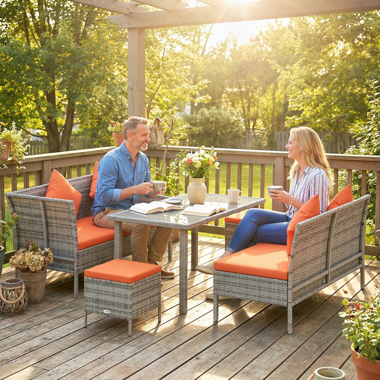Outsunny Six Seater Rattan Dining Set With Sofa Table Footstools Outdoor Garden Furniture Orange Cushions