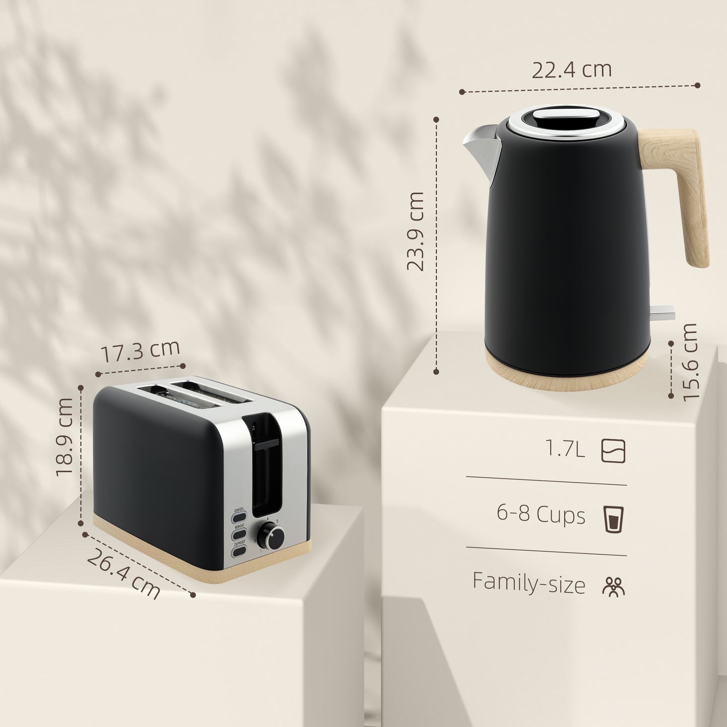 HOMCOM Stainless Steel Kettle And Toaster Set 1.7L 3000W 2 Slice With 7 Browning Levels Defrost Reheat Auto Off Black
