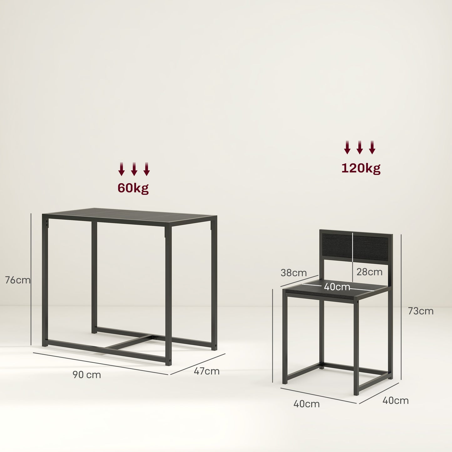 HOMCOM 2 Piece Dining Table and Chairs Set For Compact Kitchens Rectangular Space Saving Steel Frame Black
