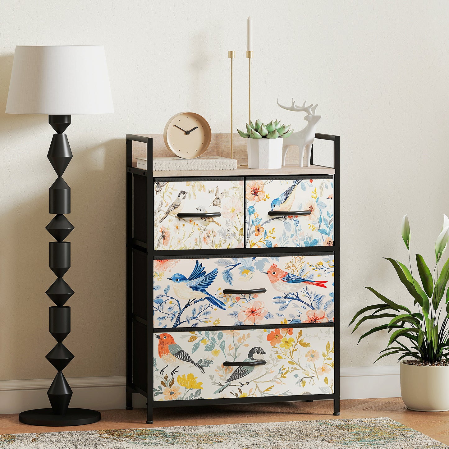 HOMCOM 4 Drawer Chest Of Drawers White With Removable Fabric Drawers And Patterned Panels