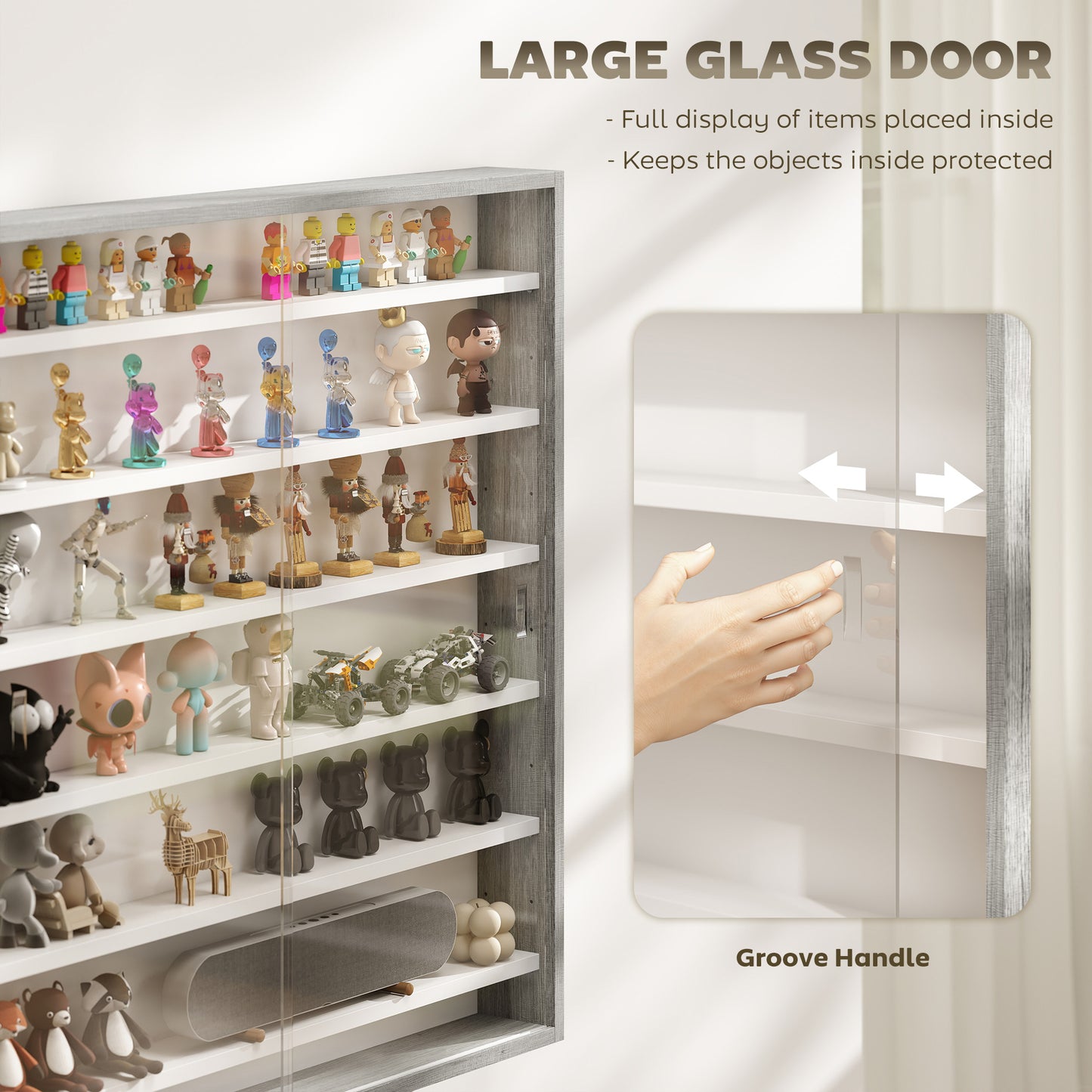 HOMCOM Six Shelf Display Cabinet with Glass Doors Graphite Wood Effect Wall Mounted