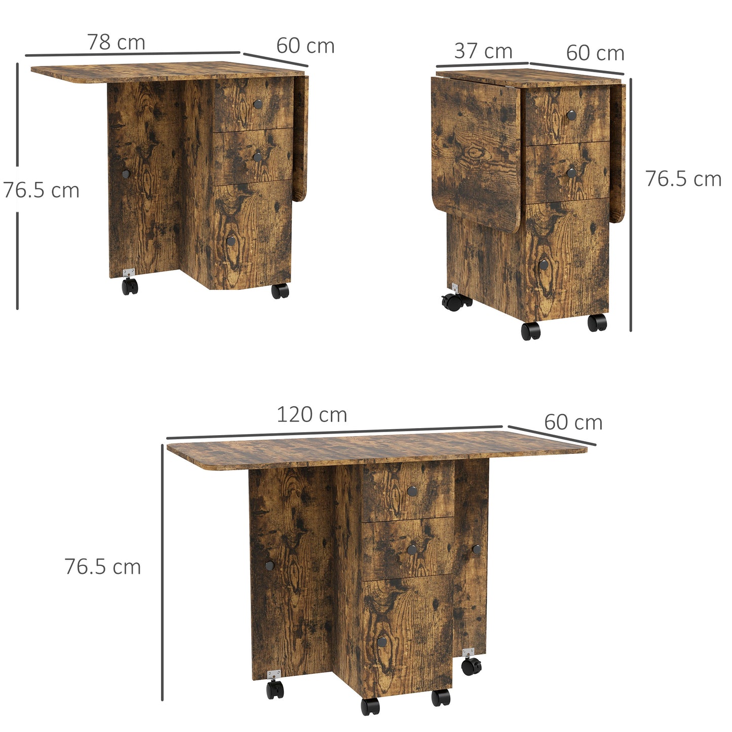 HOMCOM Multi Storage Six Person Drop Leaf Dining Table Rustic Brown With Drawers Shelf And Cabinet