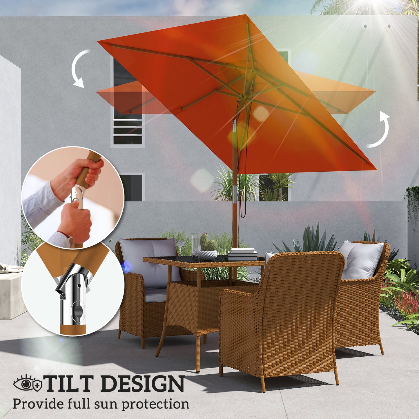 Outsunny 2m Tilting Wooden Pole Parasol Orange Canopy 180G Polyester Outdoor Sunshade For Patio Garden
