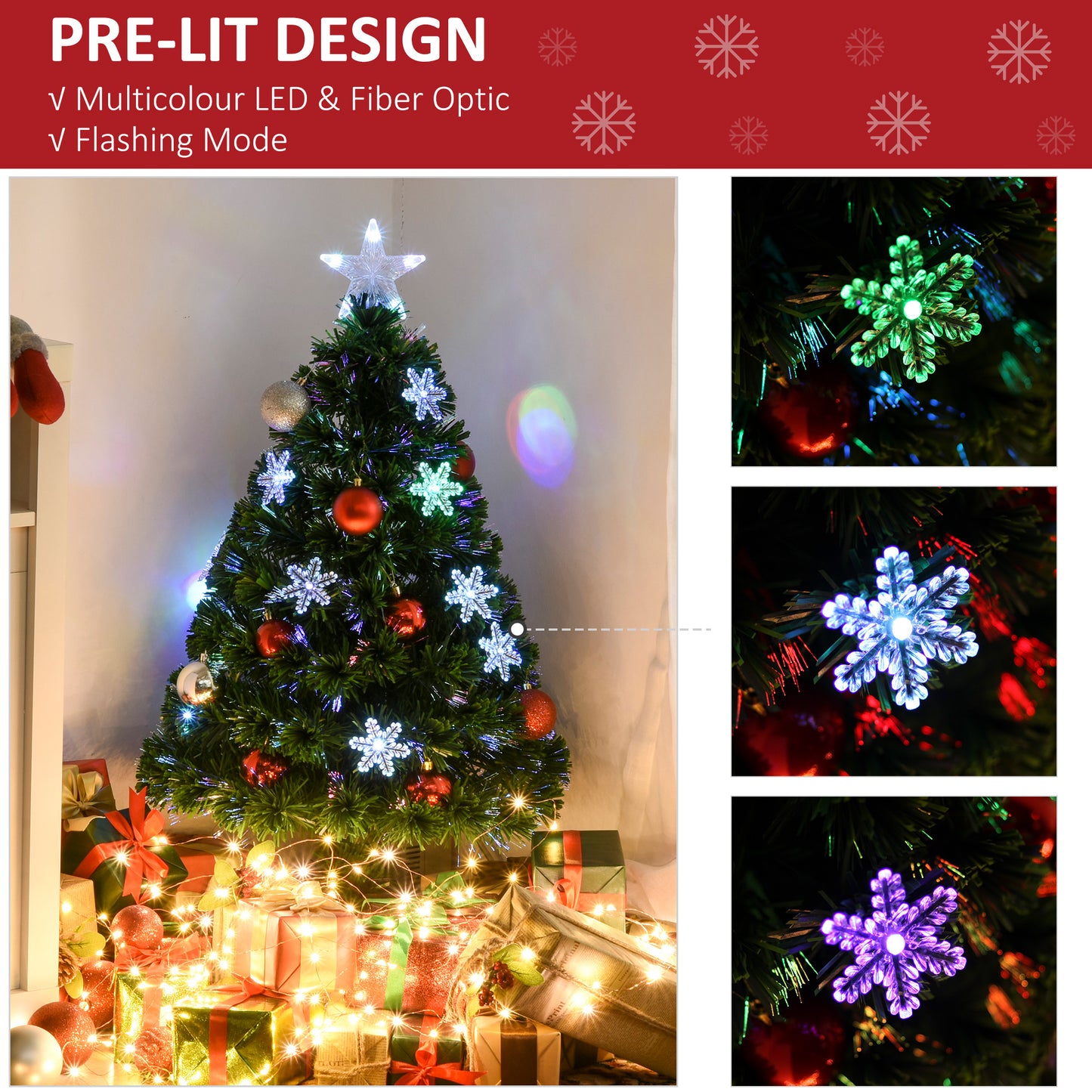 HOMCOM 3ft LED Fibre Optic Christmas Tree with Snowflakes - Green 90cm - ALL4U RETAILER LTD