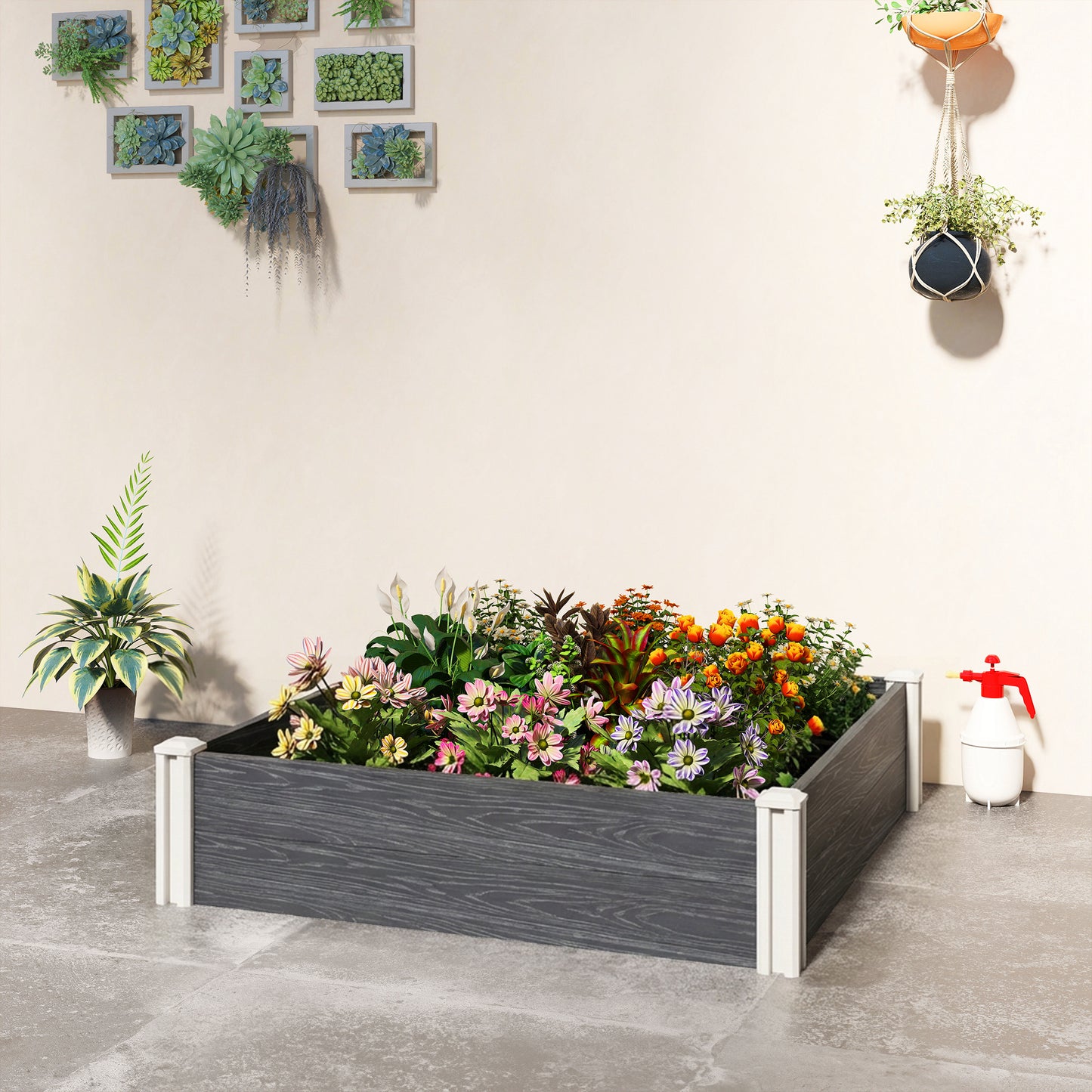 Outsunny Vinyl Raised Garden Bed Kit 3 x 3 x 1ft Modular Elevated Box With Slotting Legs Open Bottom Dark Grey