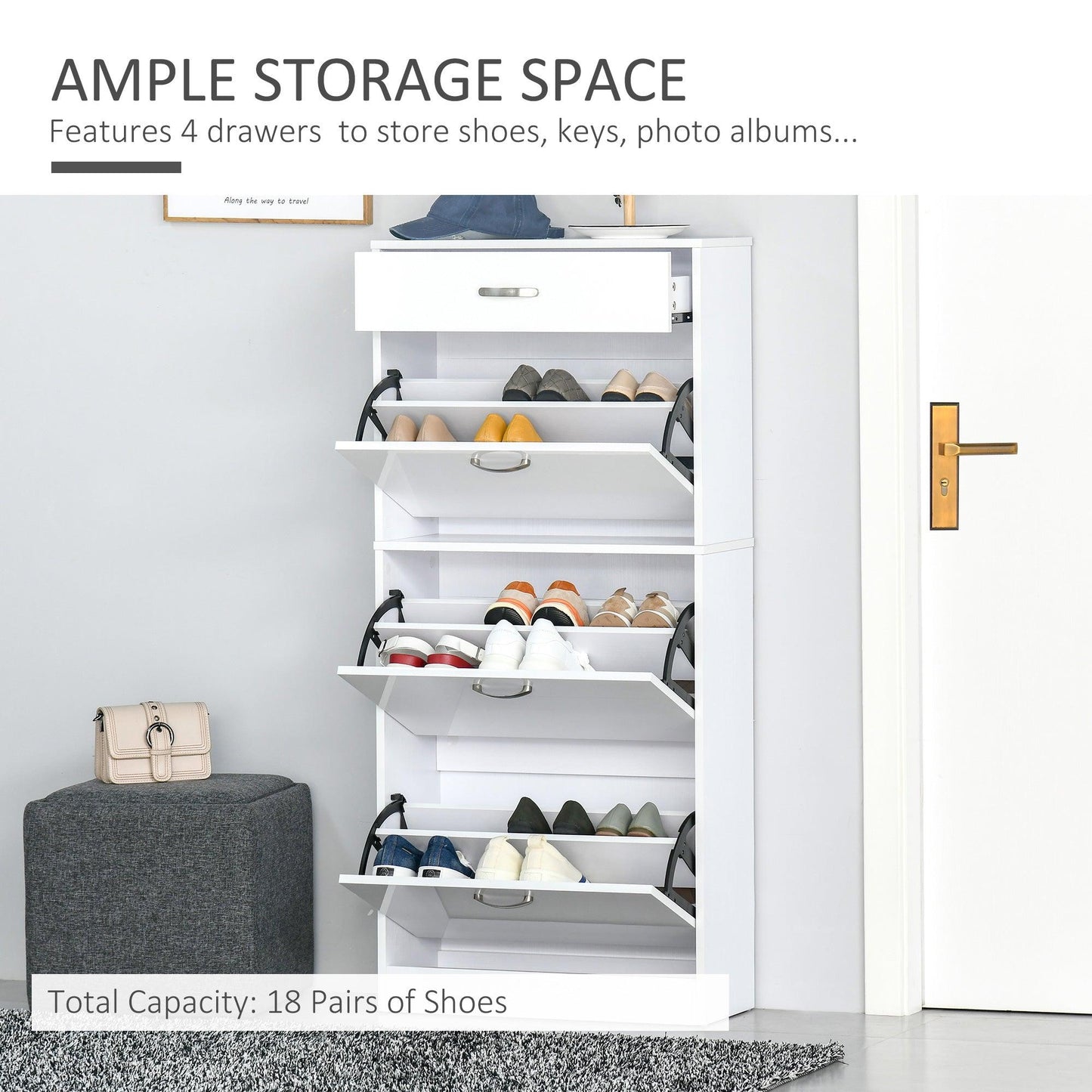 HOMCOM 4-Drawer Shoe Cabinet Storage, White - 18 Pairs - ALL4U RETAILER LTD