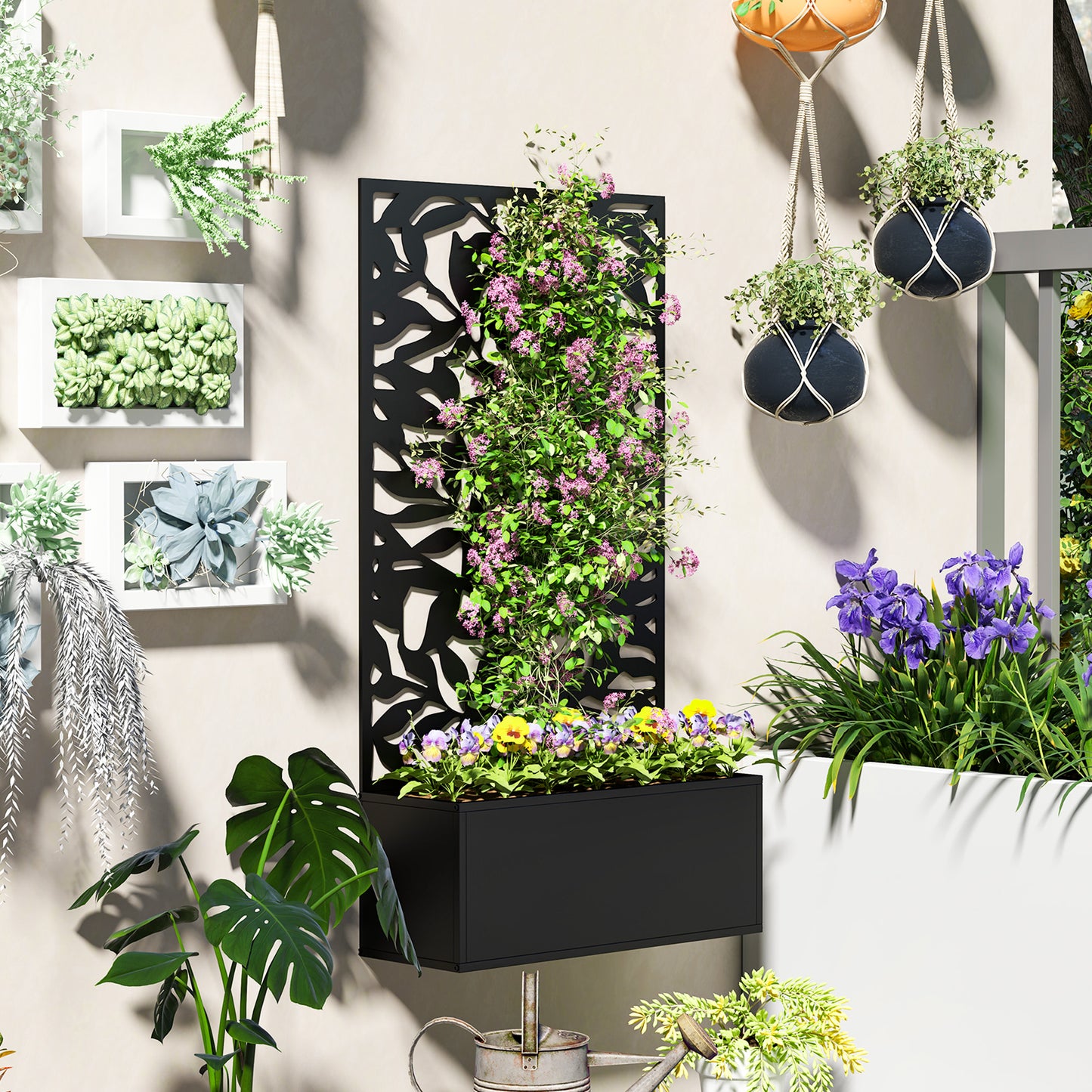 Outsunny Metal Garden Bed With Trellis Raised Planter Privacy Panel Wall Mounted Or Freestanding Black