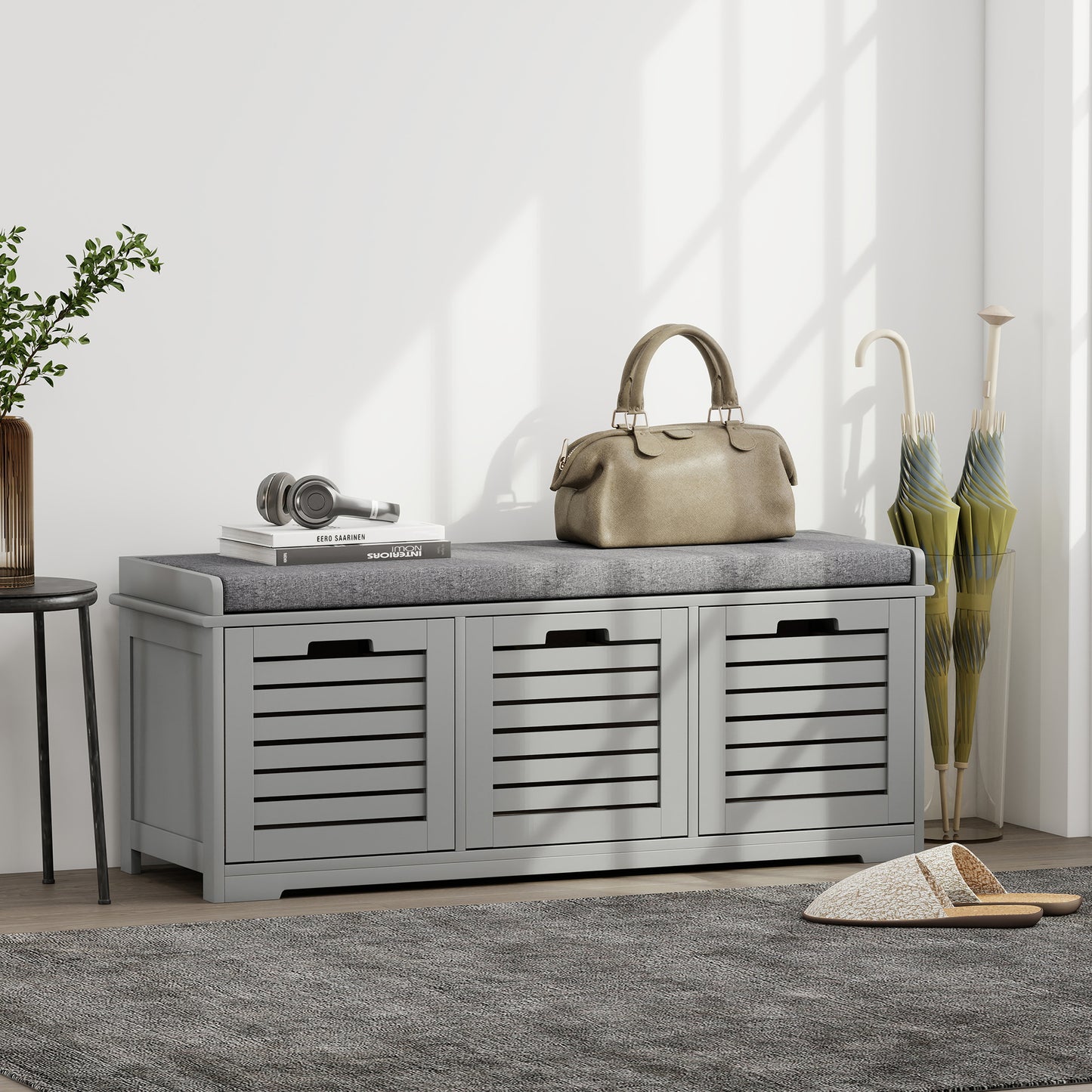 HOMCOM Three Compartment Shoe Storage Bench With Cushioned Top In Grey For Entryway Hallway
